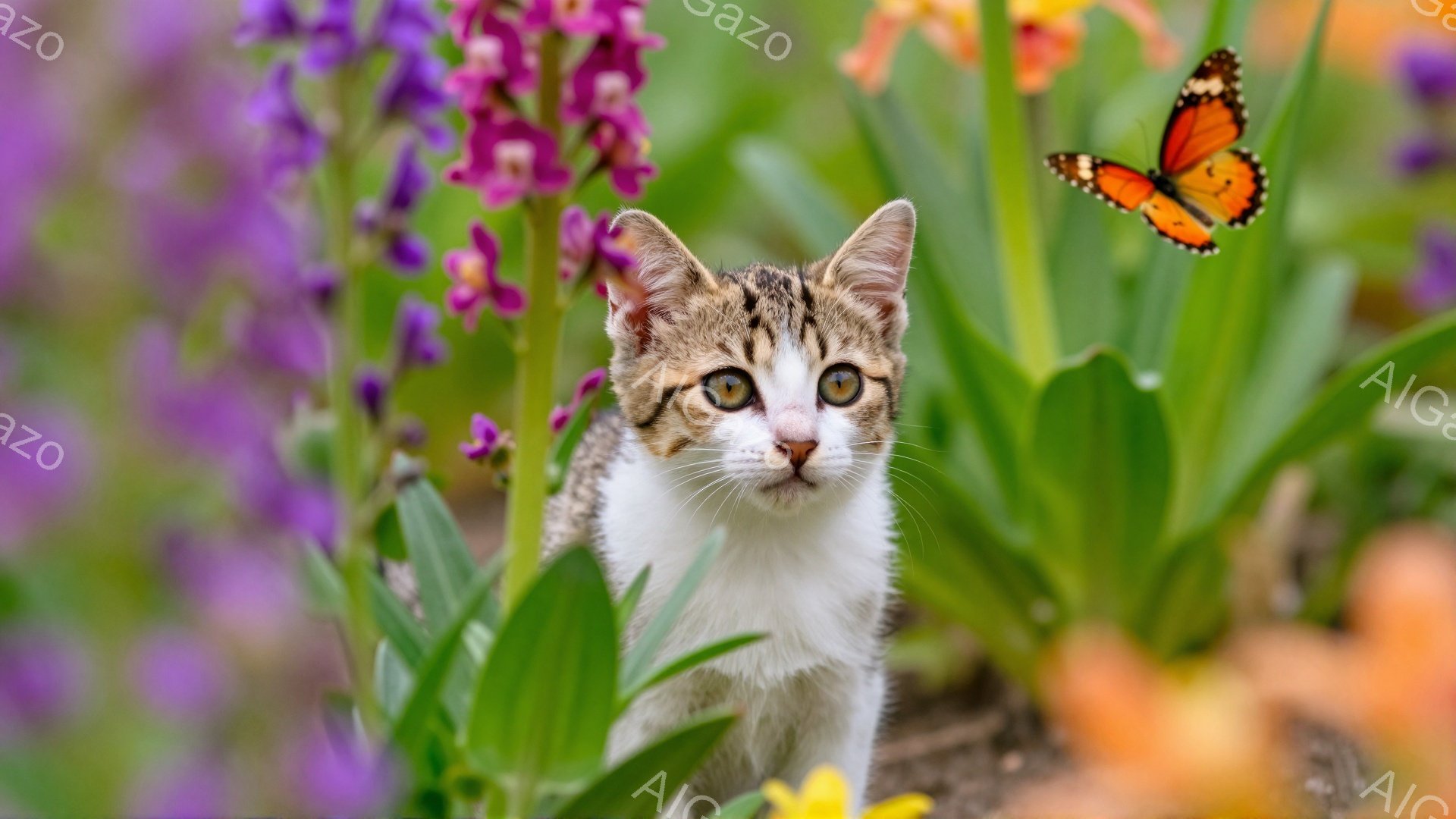 庭で花に囲まれた子猫が正面を見つめている。縞模様と白い毛並みが特徴的で、大きな緑色の瞳が印象的だ。背景には鮮やかな花々が咲き乱れ、蝶が舞っている様子が春の暖かさを感じさせる。 - AI生成フリー素材