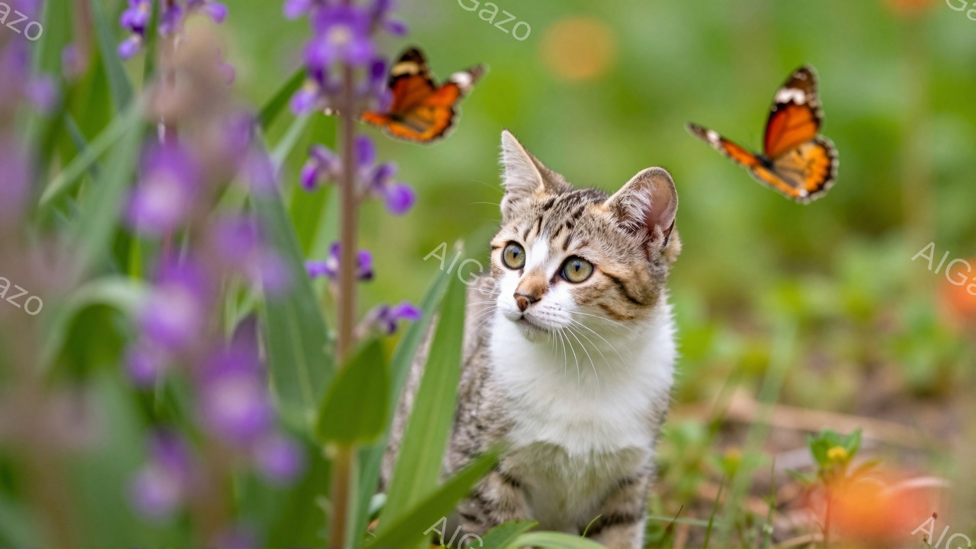 白と茶色の縞模様の猫が紫色の花の間で、蝶を見上げています。猫は好奇心旺盛な表情で、鮮やかな自然の中でリラックスした様子です。背景は緑豊かで、穏やかな春の日の雰囲気を感じさせます。