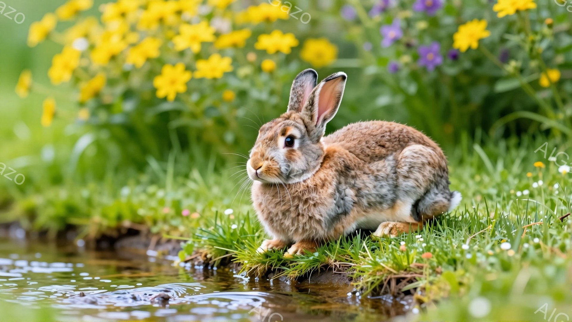 野ウサギが緑豊かな草地のそばに座っています。黄色い花々が背景を彩り、穏やかな雰囲気を醸し出しています。ウサギは前足を地面につけ、注意深く周囲を警戒しているようです。 - AI生成フリー素材
