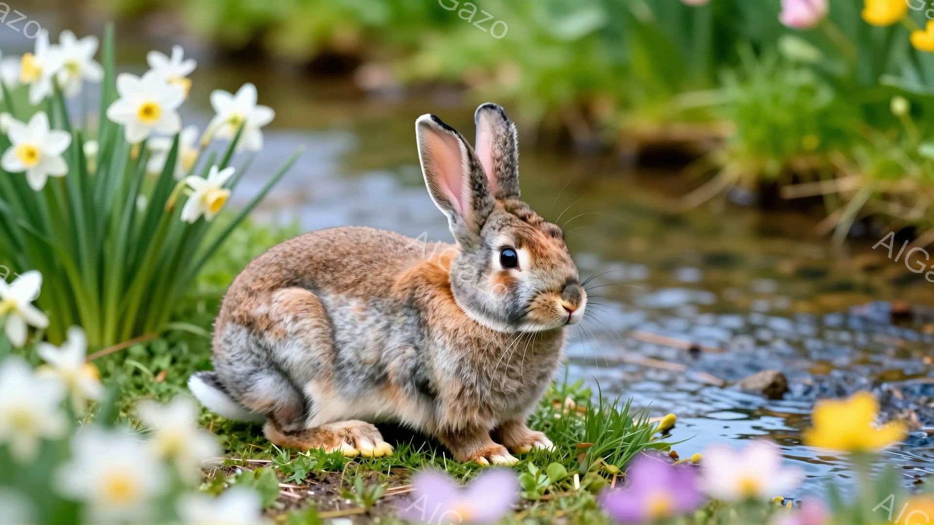 草原でうさぎがたたずんでいます。暖かく穏やかな日差しが差し込み、周囲には黄色い水仙が咲き誇っています。うさぎは少し警戒した表情で、こちらを見ています。