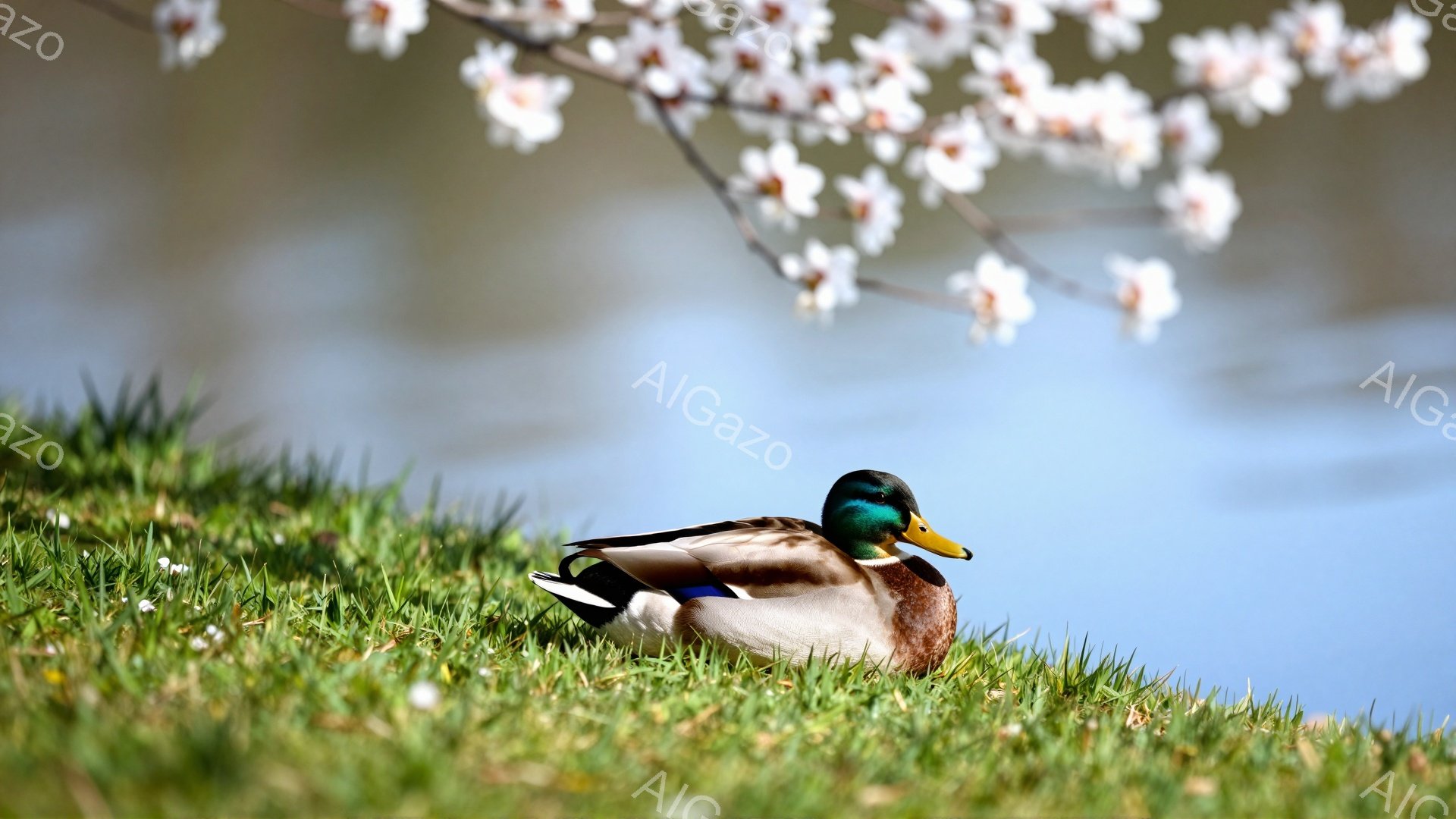 鮮やかな緑の草の上に、雄アヒルが横たわって休息しています。背景には、桜の花びらが舞い散るぼやけた様子が見え、穏やかで春らしい雰囲気を醸し出しています。アヒルの鮮やかな色が、柔らかな光の中で際立っています。