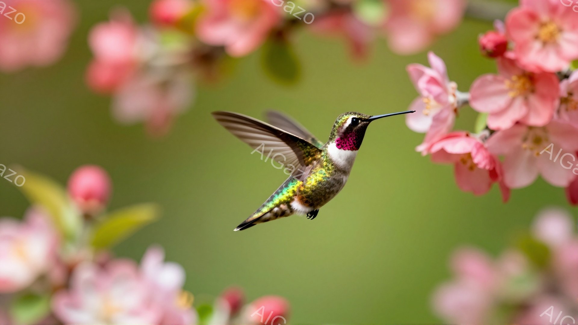 ホバリングするハチドリが、ピンク色の桜の花の間を飛んでいる。鮮やかな色彩の鳥は、まるで宝石のように輝き、春の暖かな空気を表現している。背景の桜はぼやけており、鳥の動きを強調し、穏やかな雰囲気を醸し出している。