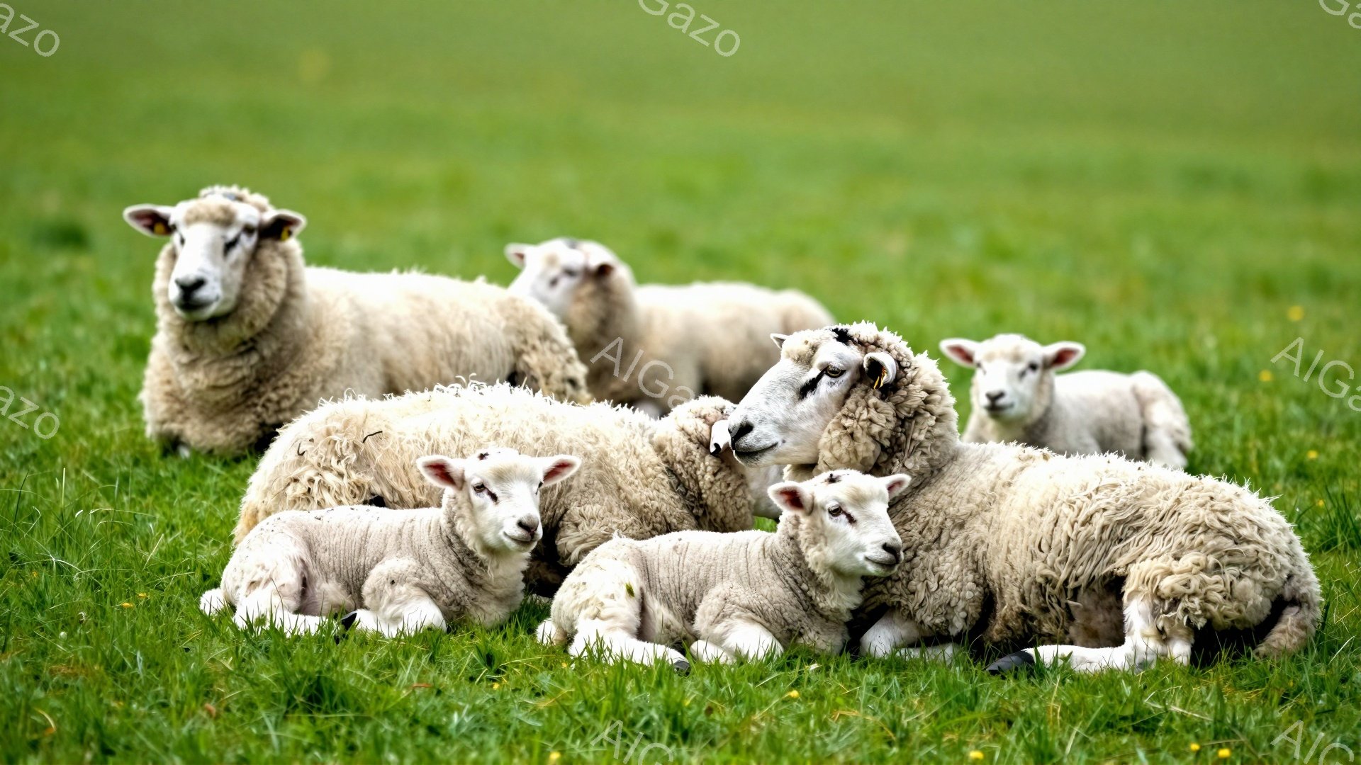 緑の草の上に、たくさんのヒツジがリラックスして横たわっています。ヒツジたちは白い毛並みで、穏やかな表情をしています。暖かく穏やかな雰囲気の、平和な田園風景です。