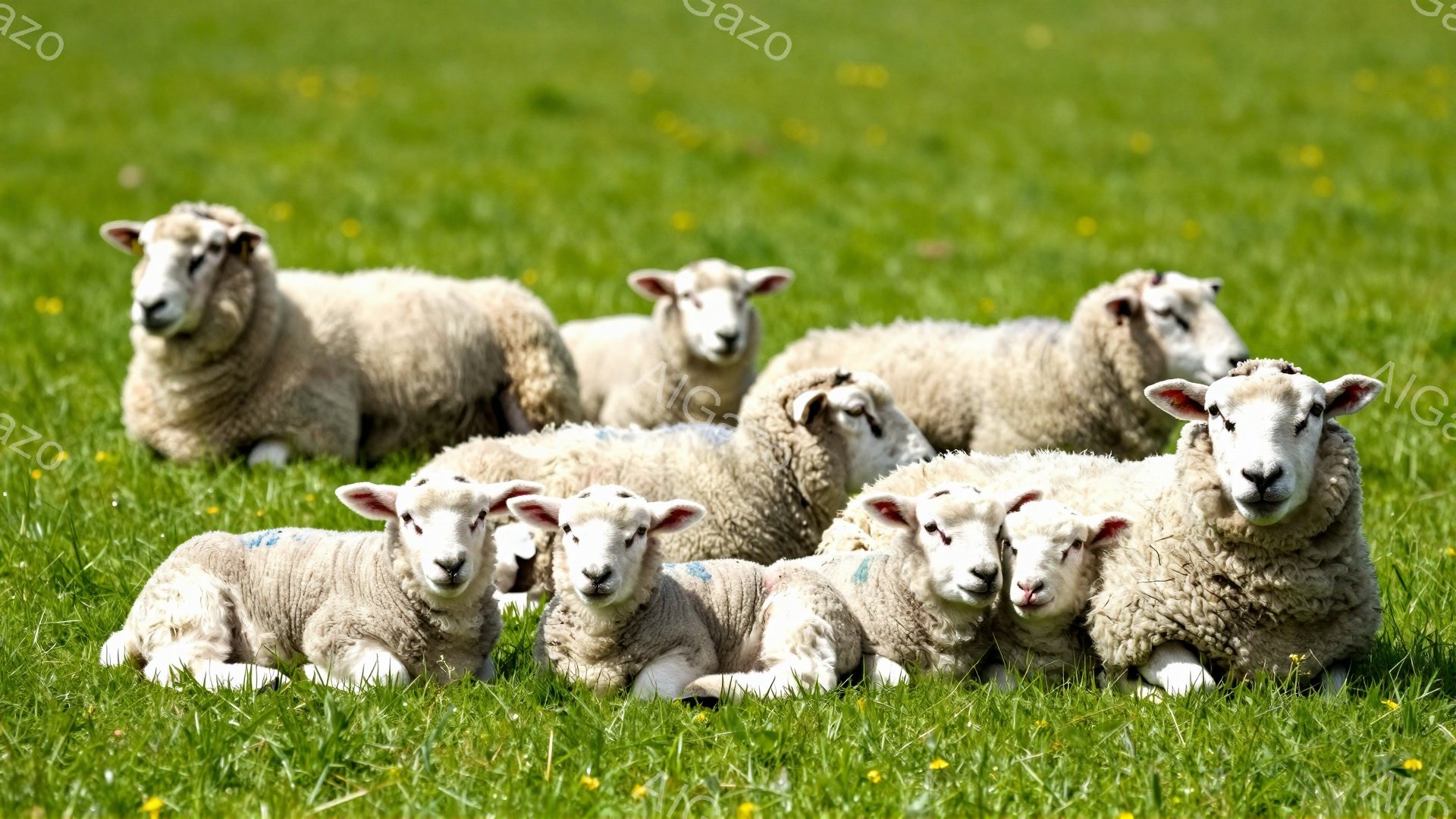 緑の牧草地に白い羊たちが横たわっています。羊たちはリラックスした様子で、穏やかな雰囲気が漂っています。背景にはかすかに黄色い花が見え、春の暖かい日差しを感じさせます。 - AI生成フリー素材