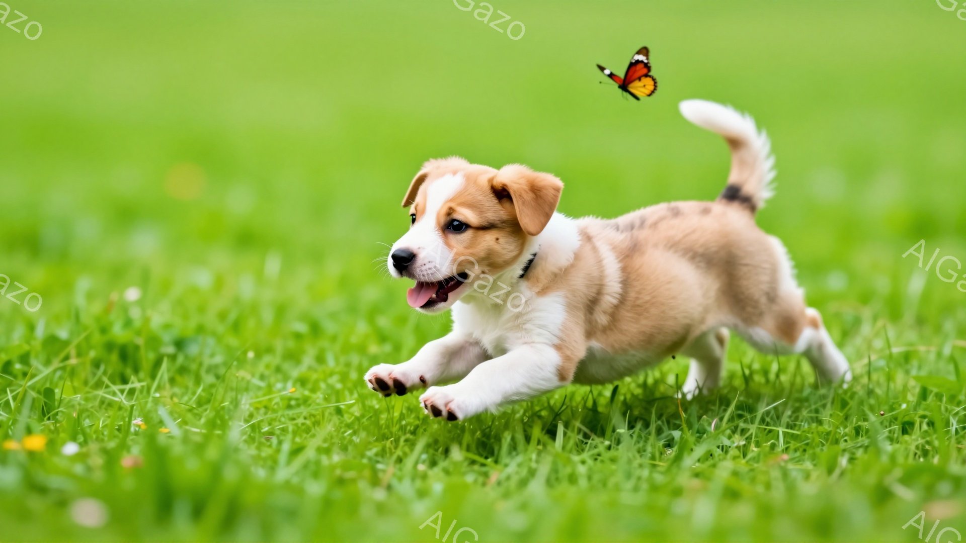 鮮やかな緑の草原を、小さな子犬が蝶を追いかけて走っている。子犬は茶色と白の毛並みで、楽しそうな表情をしている。背景には、ぼやけた野花が点在し、春の暖かく穏やかな雰囲気が伝わってくる。 - AI生成フリー素材