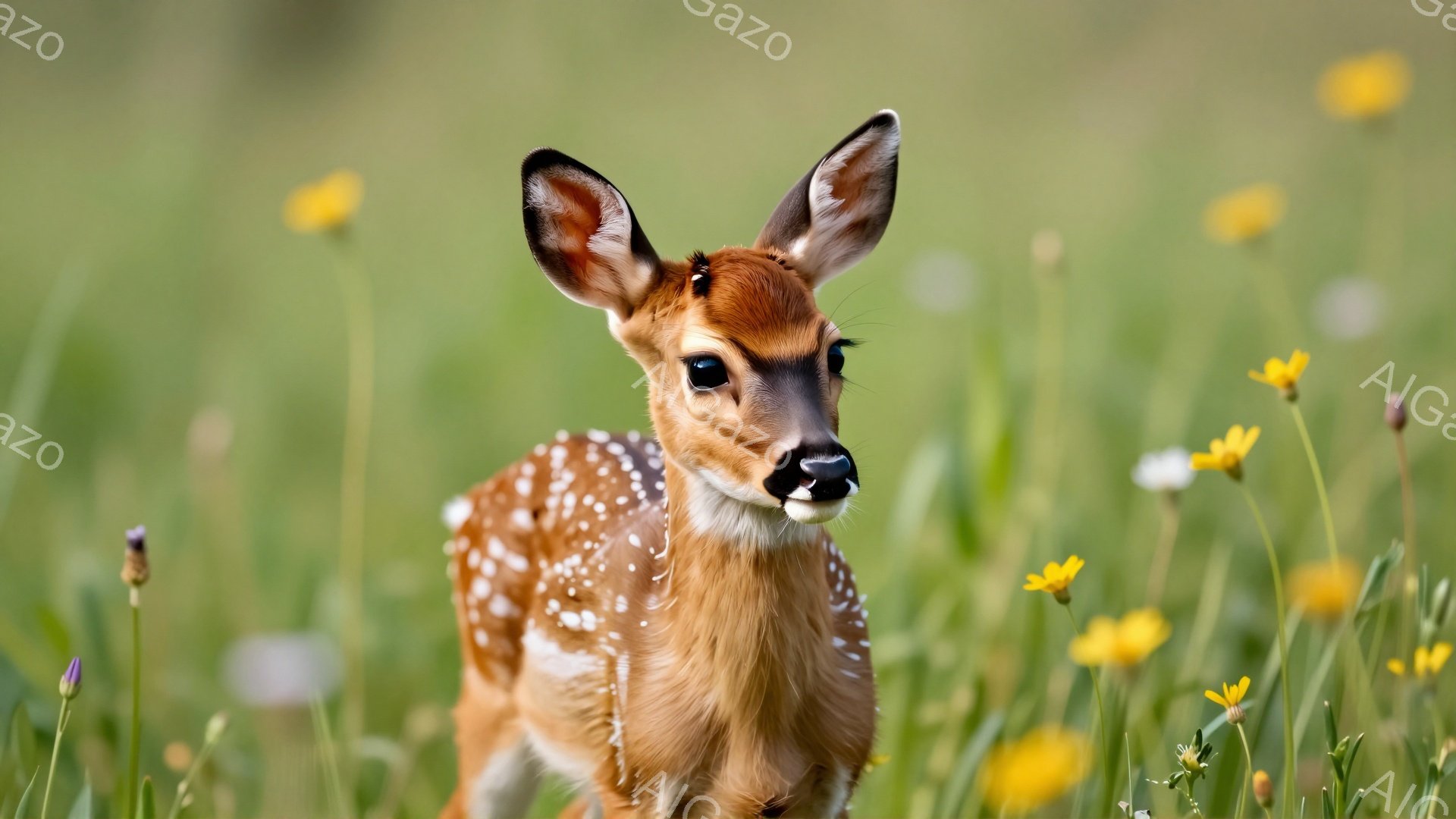 子鹿が緑豊かな草地の真ん中に立っている。黄色い花々が咲き乱れ、柔らかい光が子鹿を照らしている。愛らしい表情と愛らしい斑点模様が、平和で穏やかな雰囲気を醸し出している。 - AI生成フリー素材