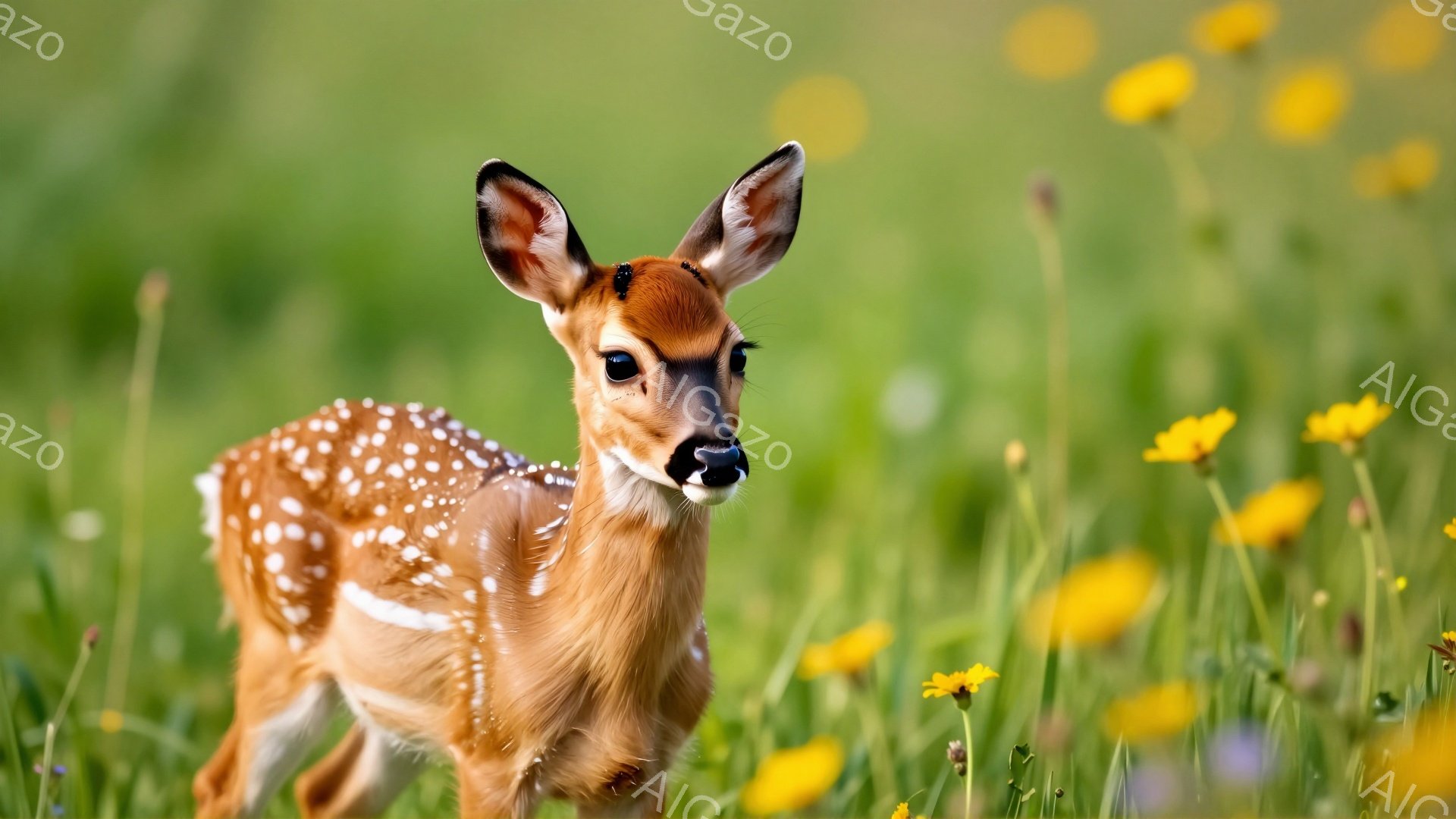 緑豊かな草原に、幼いシカが立っている。シマ模様の毛並みと大きな瞳が特徴的で、周囲の黄色い花々と調和した優しい雰囲気を作り出している。シカは少しこちらを見ているようで、好奇心旺盛な表情が伺える。