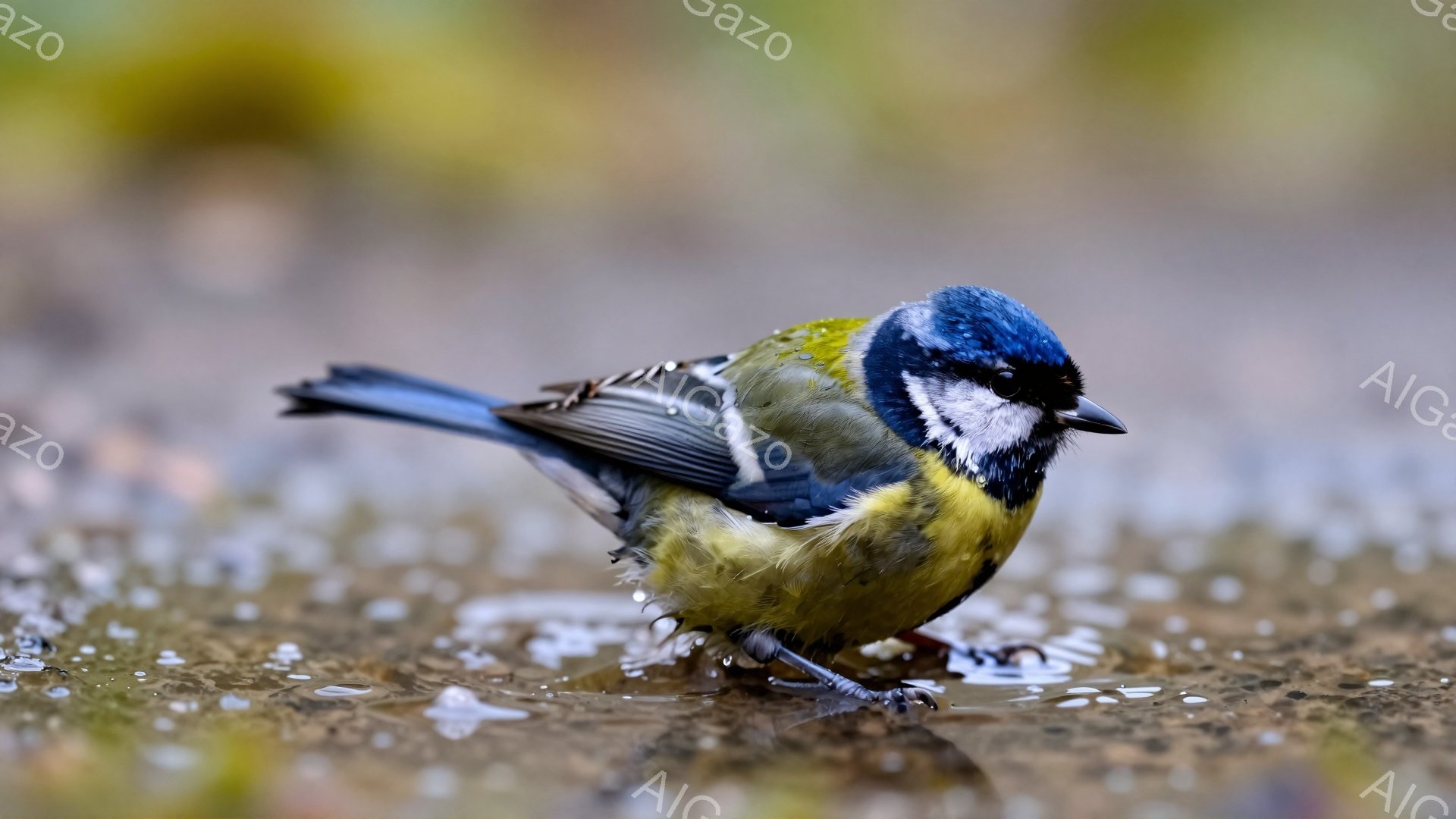 小さな鳥が地面に降り立ち、何かを探しているようです。水滴が散らばる地面と、鳥の鮮やかな青と黄色の羽色が印象的です。背景はぼやけており、鳥に焦点が当てられています。