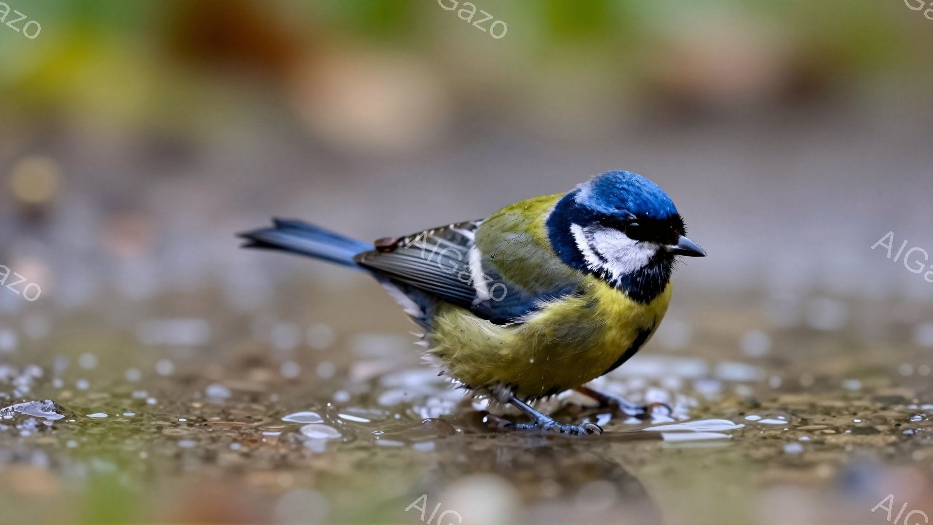 青い頭と黄色い胸を持つ可愛らしいヒガラが、地面の枯葉の上を歩いている。背景はぼやけており、ヒガラが際立って見える。穏やかな光が鳥の羽毛を照らし、暖かく優しい雰囲気を醸し出している。