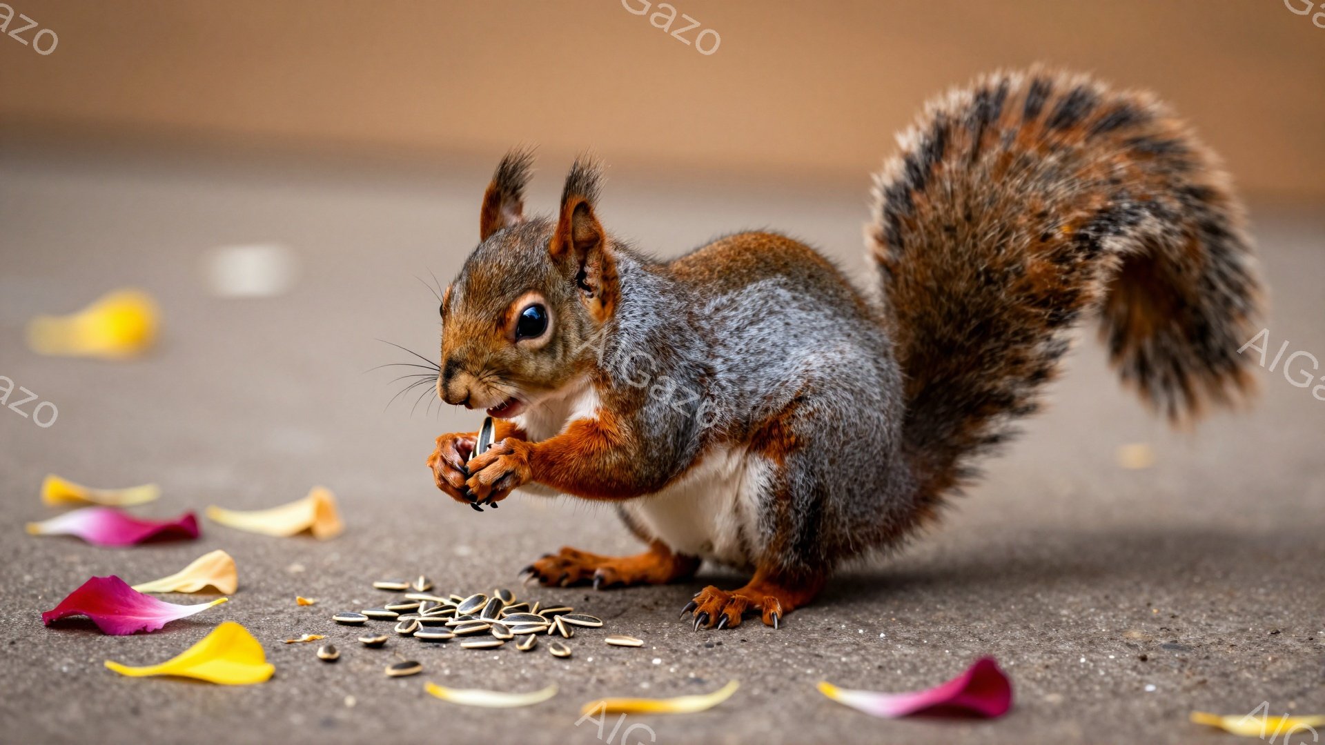 地面に散らばった種を食べるリスが写っています。ふさふさとした尻尾を持ち、好奇心に満ちた表情で種に集中しています。背景はコンクリートの地面で、落ち葉が点在し、秋の穏やかな雰囲気が感じられます。