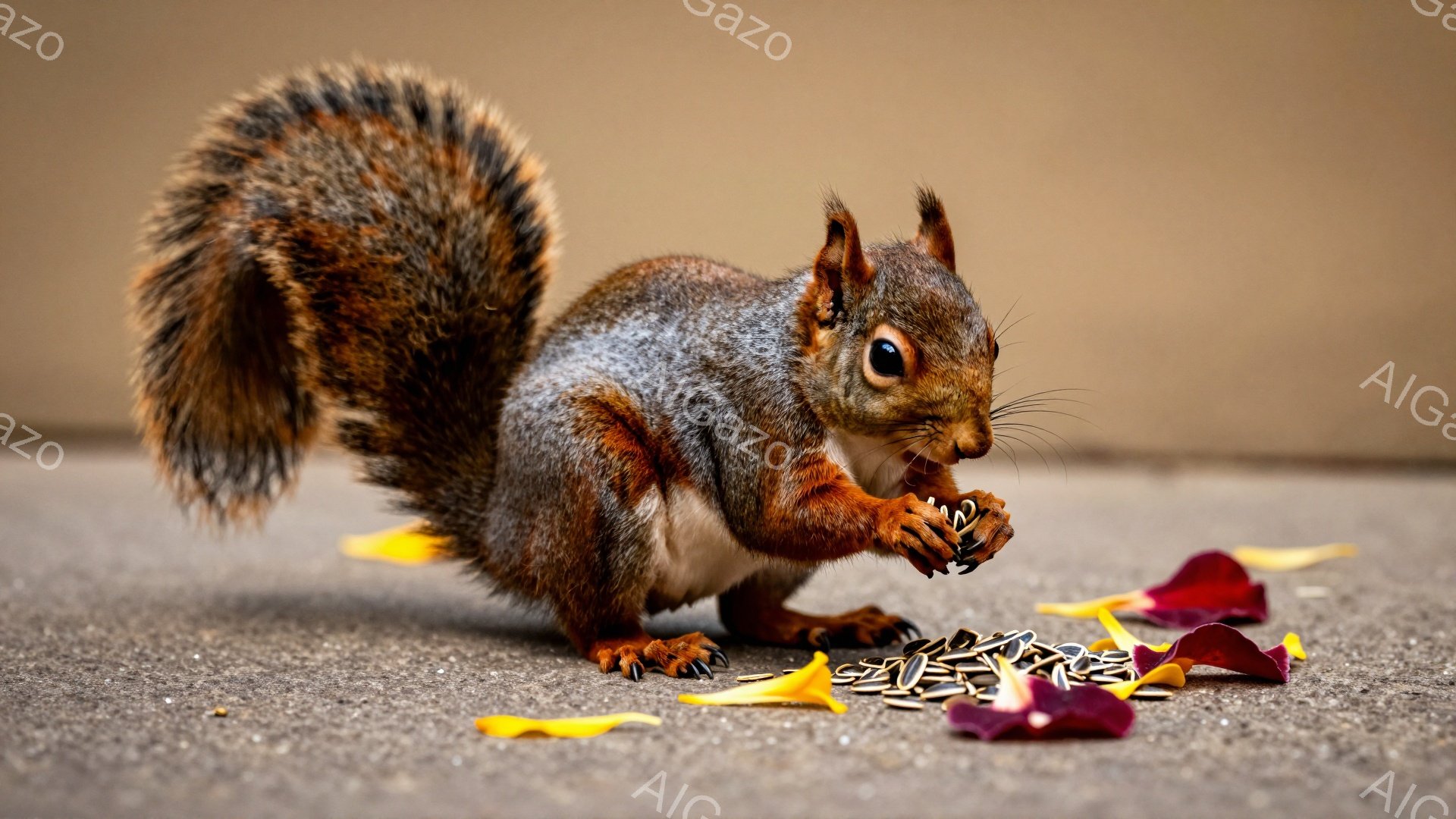 リスが地面に座って種を食べています。ふさふさの尻尾が特徴的で、周囲には黄色い花びらや種が散らばっています。背景はぼやけており、リスに焦点が当たっています。