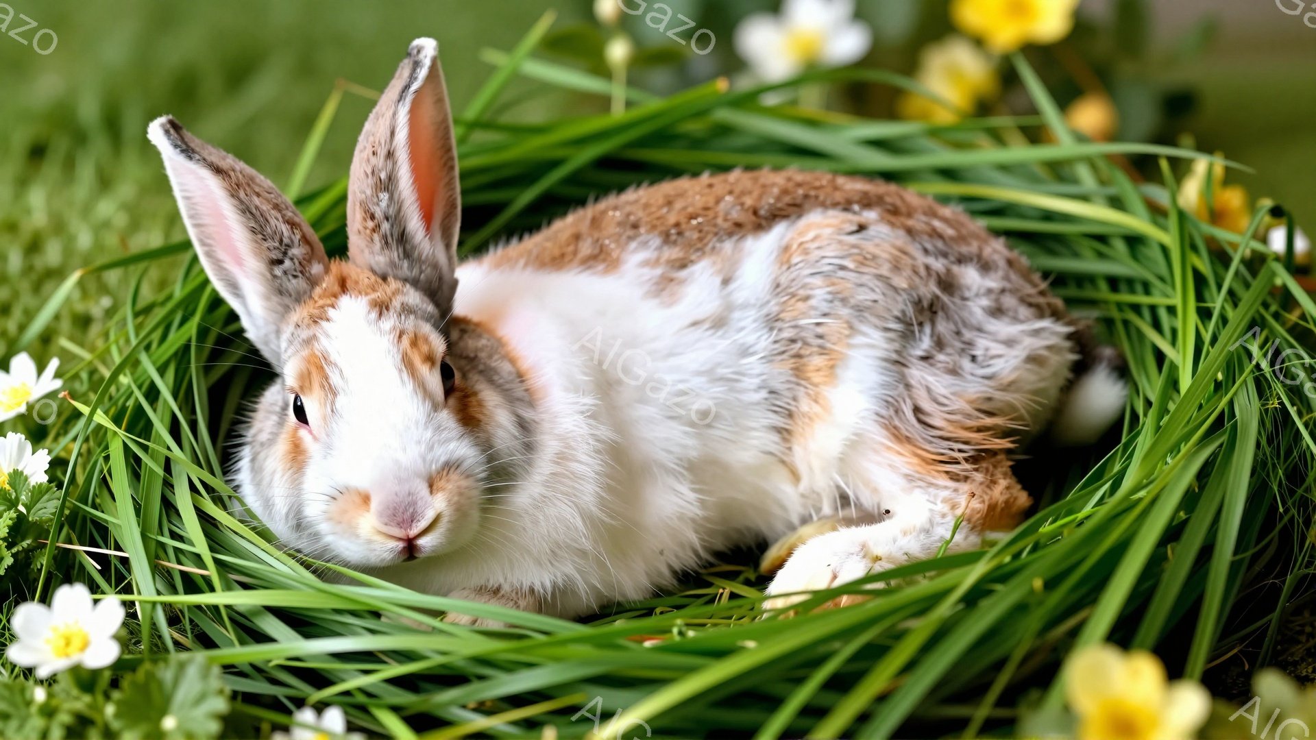 緑の草の中に白いとびうさぎが横たわっています。そのうさぎは茶色のまだら模様があり、耳をピンと立てています。周りには白い小さな花が点在し、穏やかで自然な雰囲気を醸し出しています。