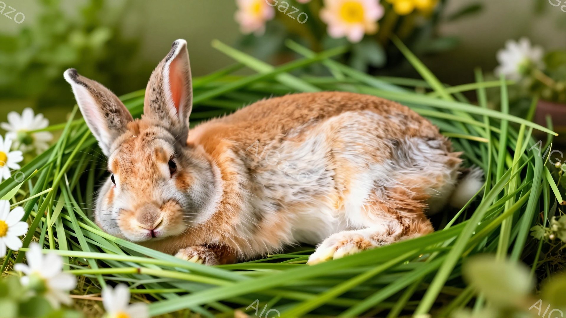 草原の中に横たわる茶色のウサギがいます。緑の草に囲まれ、リラックスした様子で目を閉じています。背景には白と黄色の小さな花が咲き乱れ、穏やかな春の雰囲気を醸し出しています。 - AI生成フリー素材