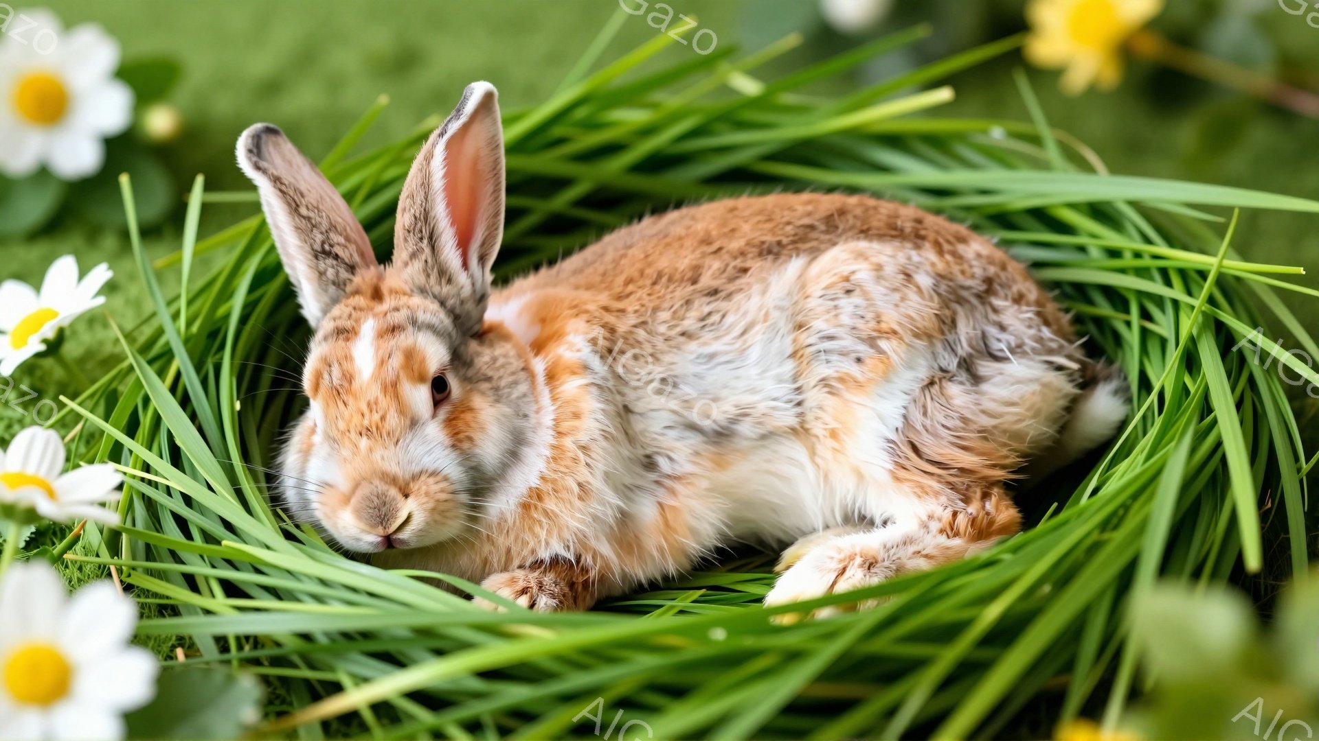 緑の草の中に茶色と白のウサギが横たわっています。周囲には白いデイジーが点在し、穏やかで平和な雰囲気を醸し出しています。ウサギはリラックスした様子で、春の自然の中でくつろいでいるように見えます。