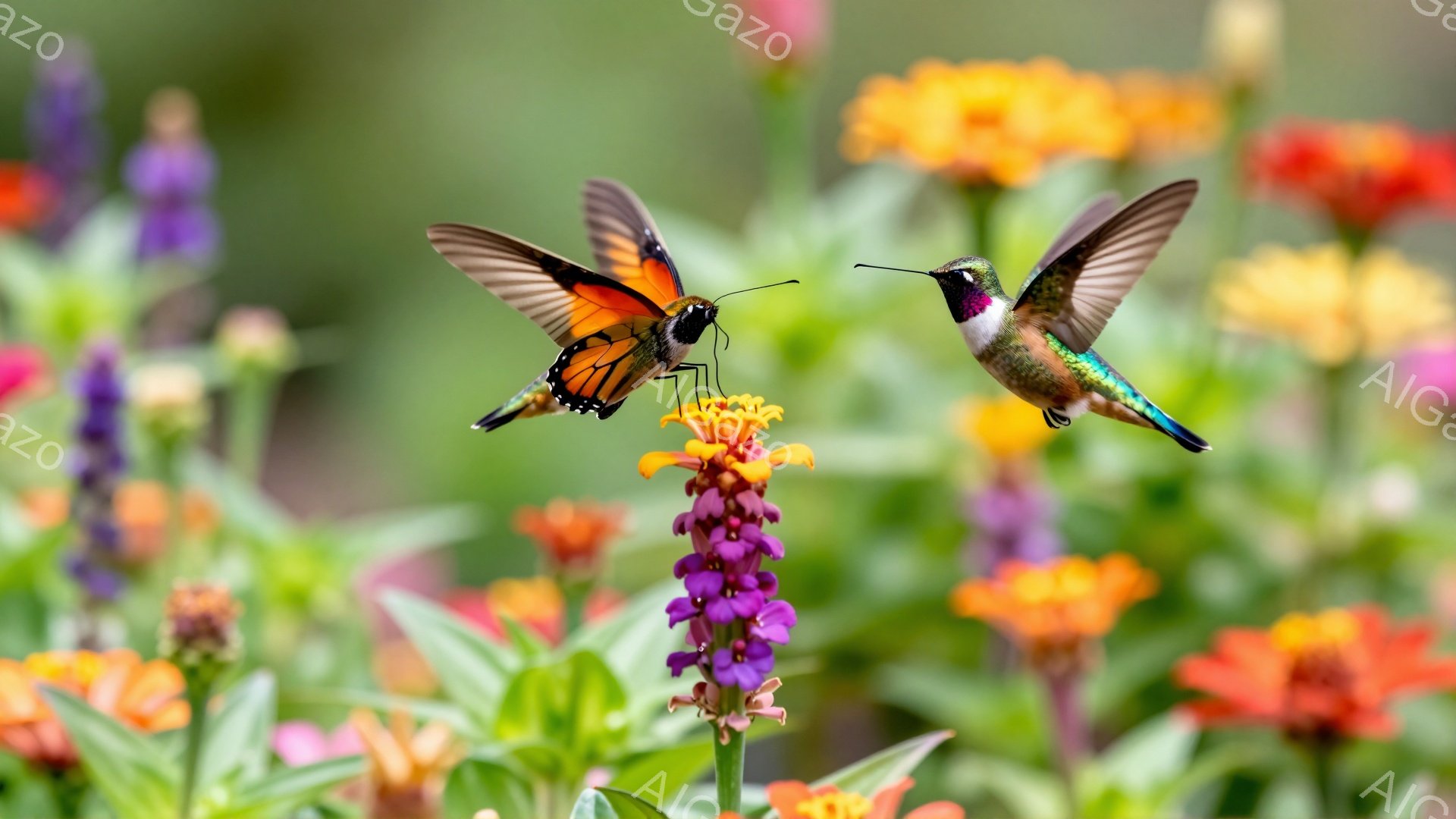 色とりどりの花々が咲き乱れる庭で、一匹のハチドリと一匹の蝶がそれぞれの花にとまっている。ハチドリは鮮やかな緑色と紫色の羽を持ち、蝶はオレンジと黒の模様で美しい。背景はぼやけており、柔らかく暖かい雰囲気である。