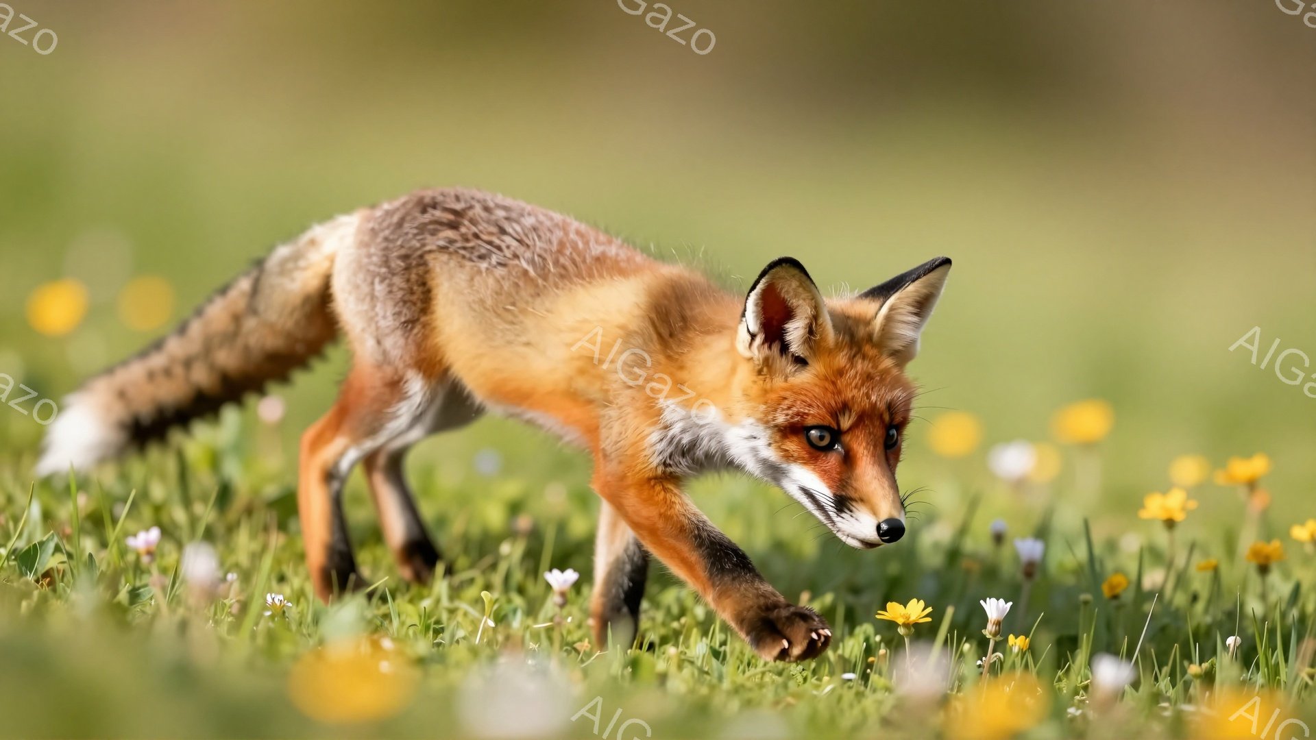 鮮やかな緑の草地に、オレンジ色の毛並みのキツネが獲物を狙って忍び寄っている。キツネは低い姿勢で、鋭い眼光で前方を捉え、草花の合間を慎重に進んでいる。背景にはぼやけた緑が広がり、春らしい柔らかな光が全体 - AI生成フリー素材