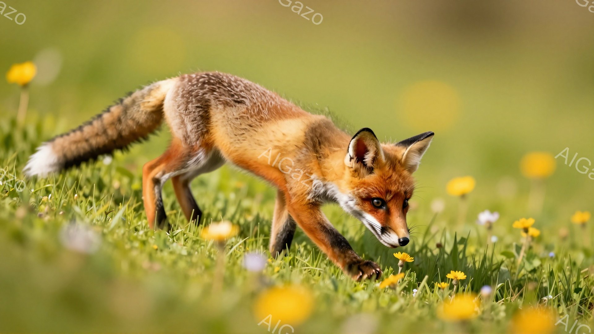 緑の草原で、キツネが黄色い花の間を歩いている。キツネはオレンジ色の毛並みで、しなやかな動きで草を駆け抜け、活気に満ちた春の雰囲気を醸し出している。背景にはぼやけた緑が広がり、明るく心地よい印象を与える - AI生成フリー素材