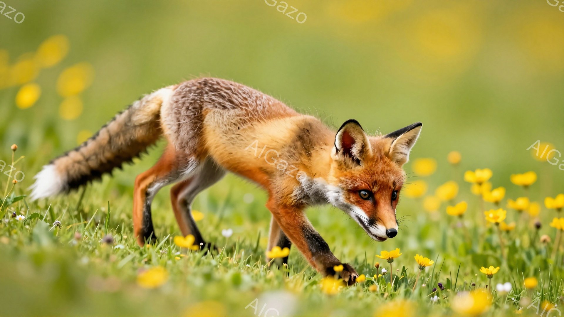 草原でキツネが獲物を狙っている様子が写っている。鮮やかな緑の草と黄色い花が背景に広がり、キツネのオレンジ色の毛並みが際立っている。キツネは集中した表情で、動きの予測できない自然な姿が捉えられている。 - AI生成フリー素材
