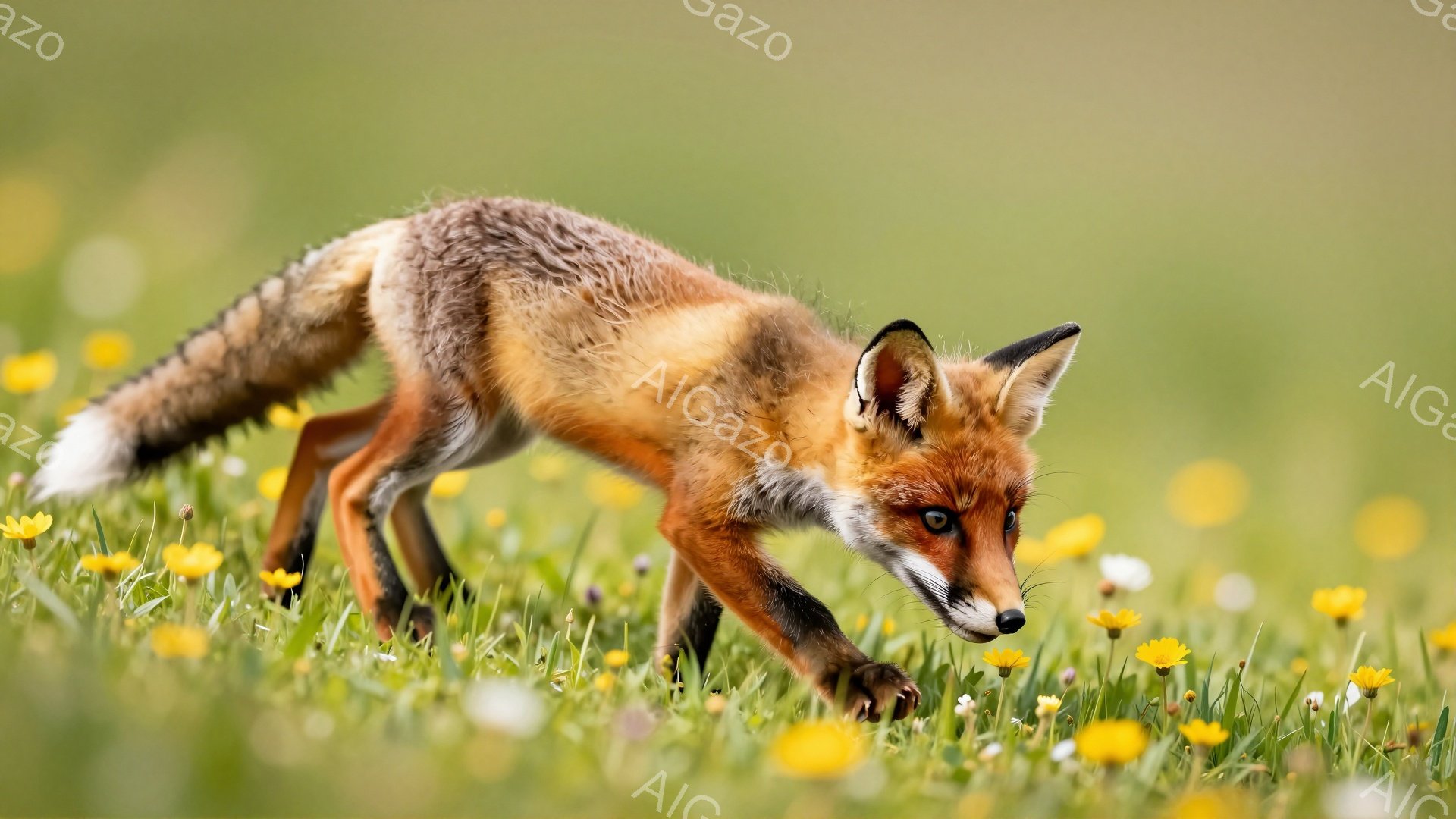 草原を駆け抜けるキツネが写っている。太陽光が差し込み、キツネの毛並みと黄色い花々が明るく照らされている。キツネは獲物を狙っているかのように、低い姿勢で前進している。