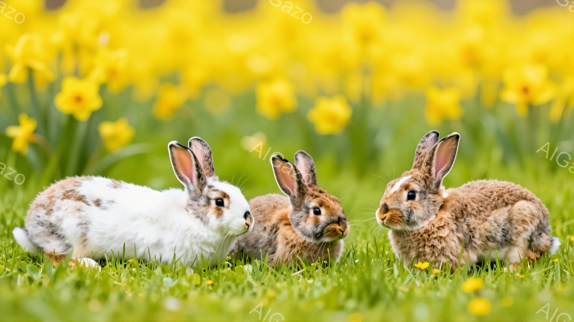 鮮やかな緑の草むらの中に、三匹のうさぎが並んで座っています。一匹は白と茶色の模様、他の二匹は茶色い毛並みで、それぞれ前方をじっと見つめています。背景には黄色い花が咲き乱れ、春の暖かな雰囲気が漂っています。