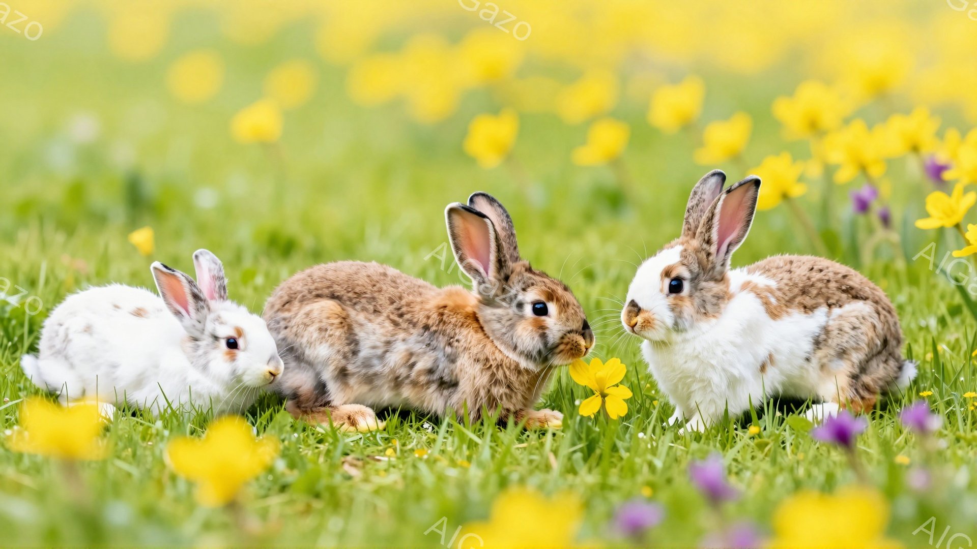 緑の草の上で3匹のうさぎが並んでいます。一番左のうさぎは白、真ん中は茶色、そして一番右のうさぎは白と茶色のまだら模様です。黄色い花々が背景に広がり、春らしい穏やかな雰囲気を作り出しています。