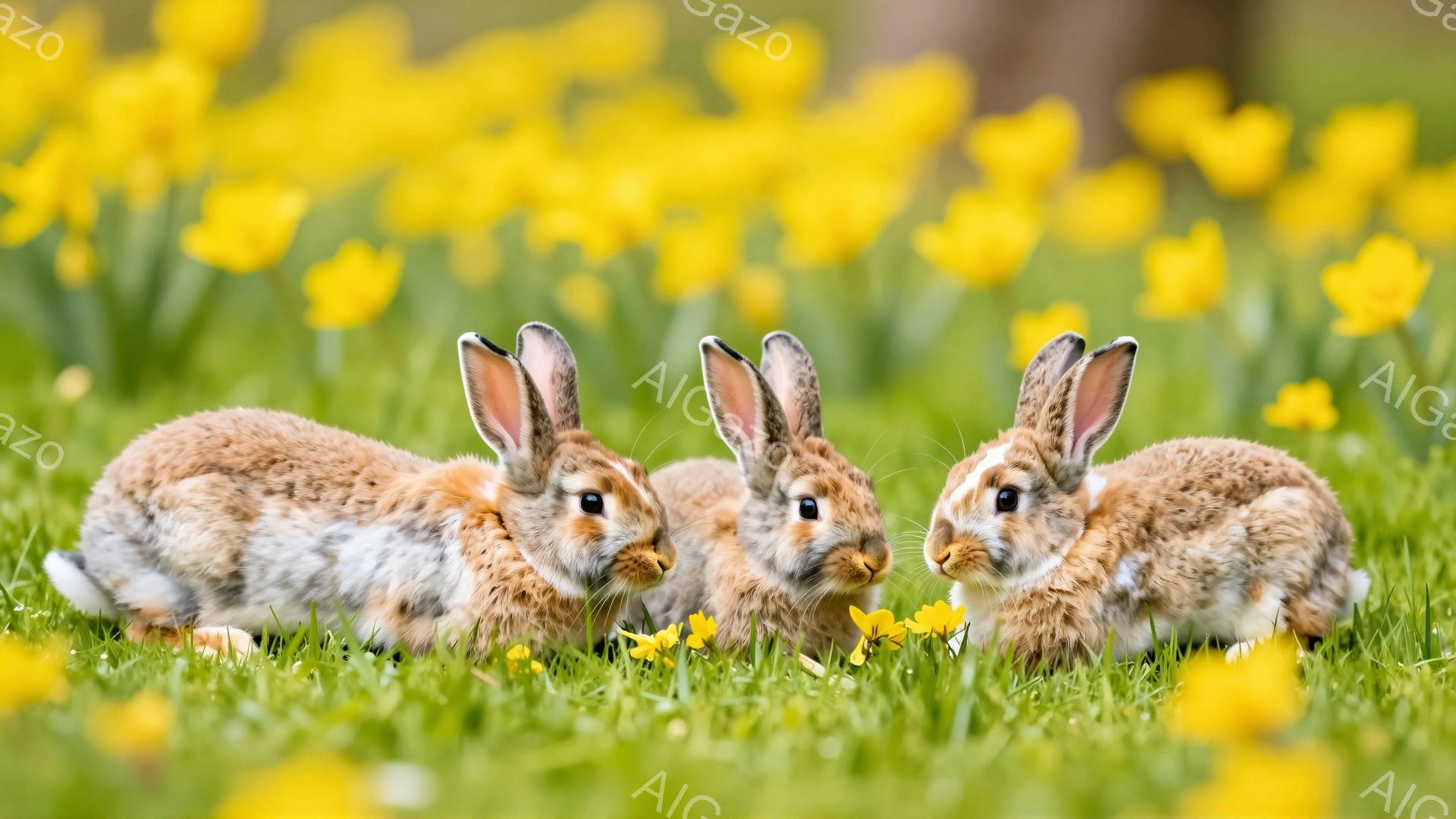 鮮やかな緑の草の上に、三匹のうさぎが寄り添って座っています。うさぎたちは茶色と白の毛並みで、可愛らしい表情をしています。背景には黄色い花が咲き乱れ、春の穏やかな雰囲気を醸し出しています。