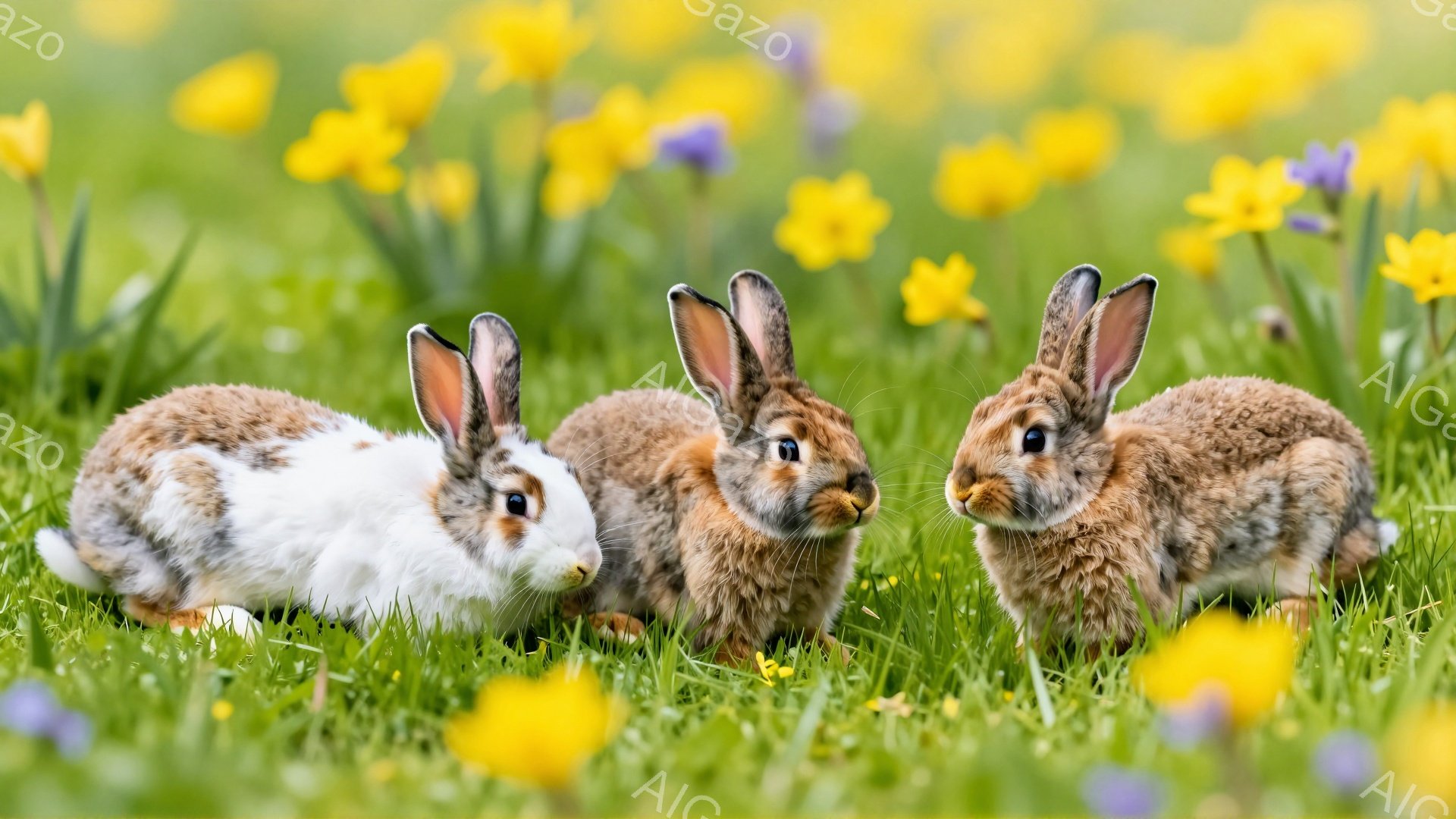 緑の草の上に三匹のウサギが並んで座っています。一番左のウサギは白と茶色の毛並みで、中央と右のウサギは茶色の毛並みです。背景には鮮やかな黄色の花が咲き乱れ、春の穏やかな雰囲気が漂っています。 - AI生成フリー素材