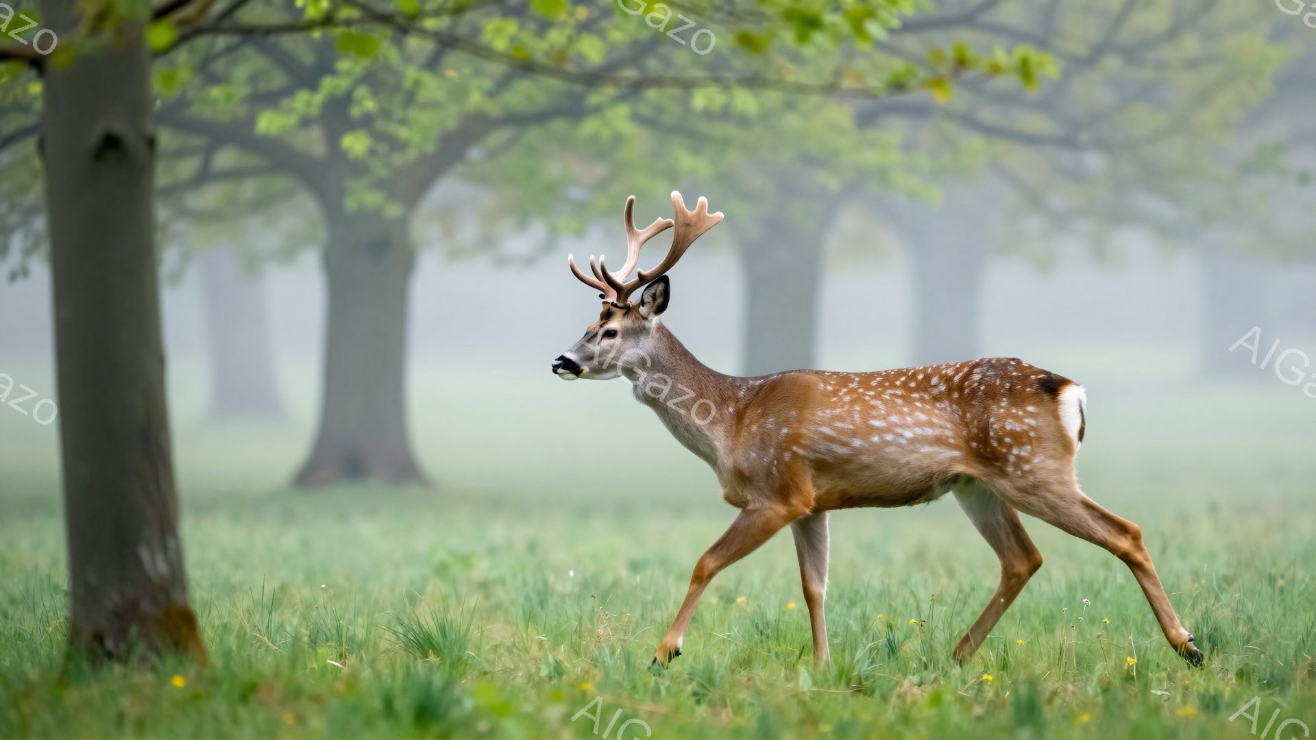 緑豊かな草原で、若い雄のシカが歩いている。シカは斑点模様の美しい毛並みで、背景にはぼやけた木々が見える。穏やかで静かな雰囲気の自然の写真である。