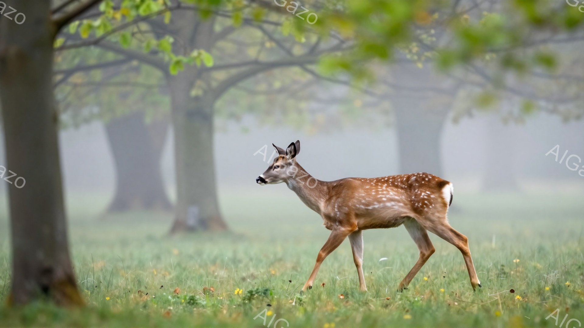 緑豊かな草原で、若いシカが歩いている。背景には霧がかかった木々が並び、穏やかで幻想的な雰囲気を醸し出している。シカの毛並みは美しく、自然の中で生きる姿が印象的だ。