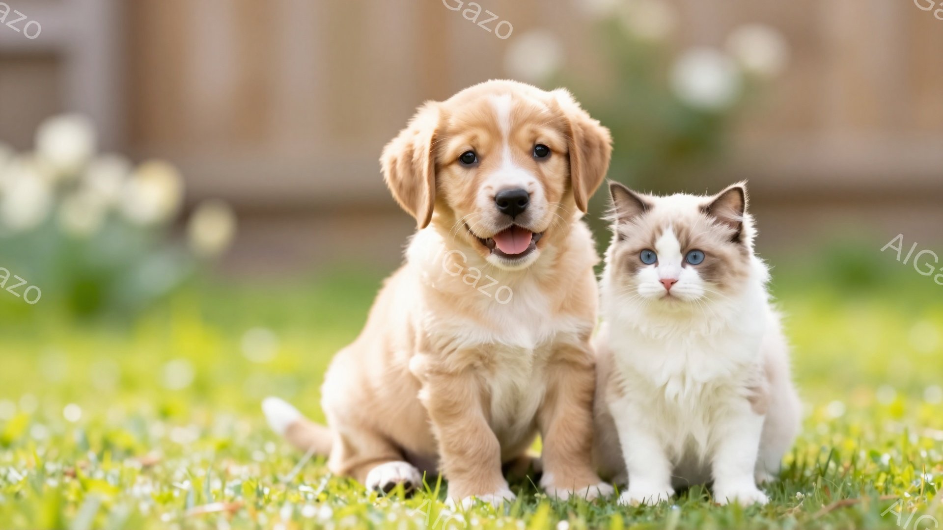 緑の芝生の上で、ゴールデンレトリバーの子犬と白いペルシャ猫が寄り添って座っています。子犬は口を開けて笑顔を見せ、猫は少し警戒した表情を浮かべています。背景にはぼやけたフェンスが見え、春らしい穏やかな雰囲気が漂っています。