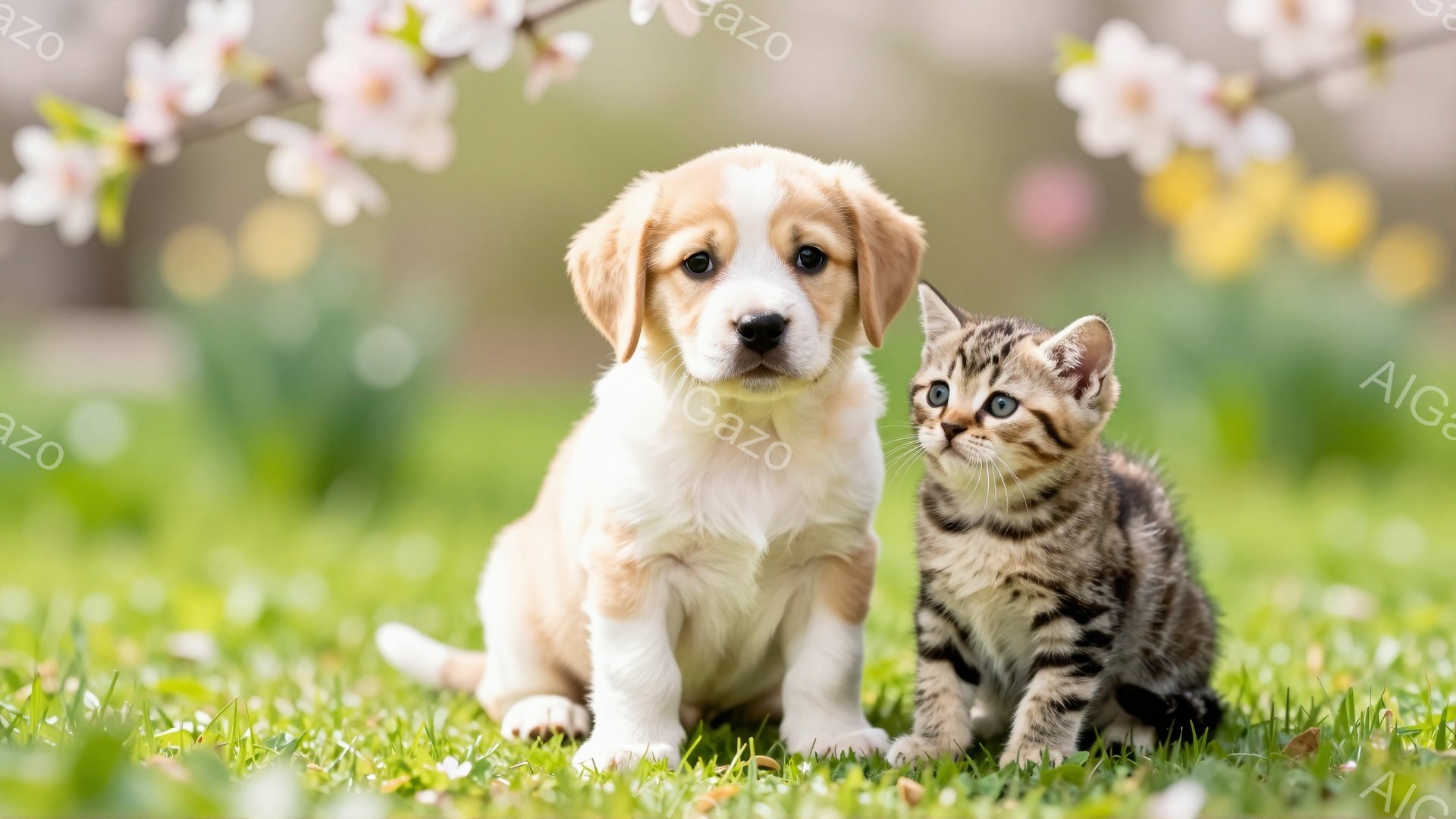 鮮やかな緑の芝生の上で、ゴールデンレトリバーの子犬と子猫が並んで座っています。子犬は正面を見ており、子猫は少し緊張した様子でこちらを見ています。背景には桜の木があり、春の穏やかな雰囲気が漂っています。