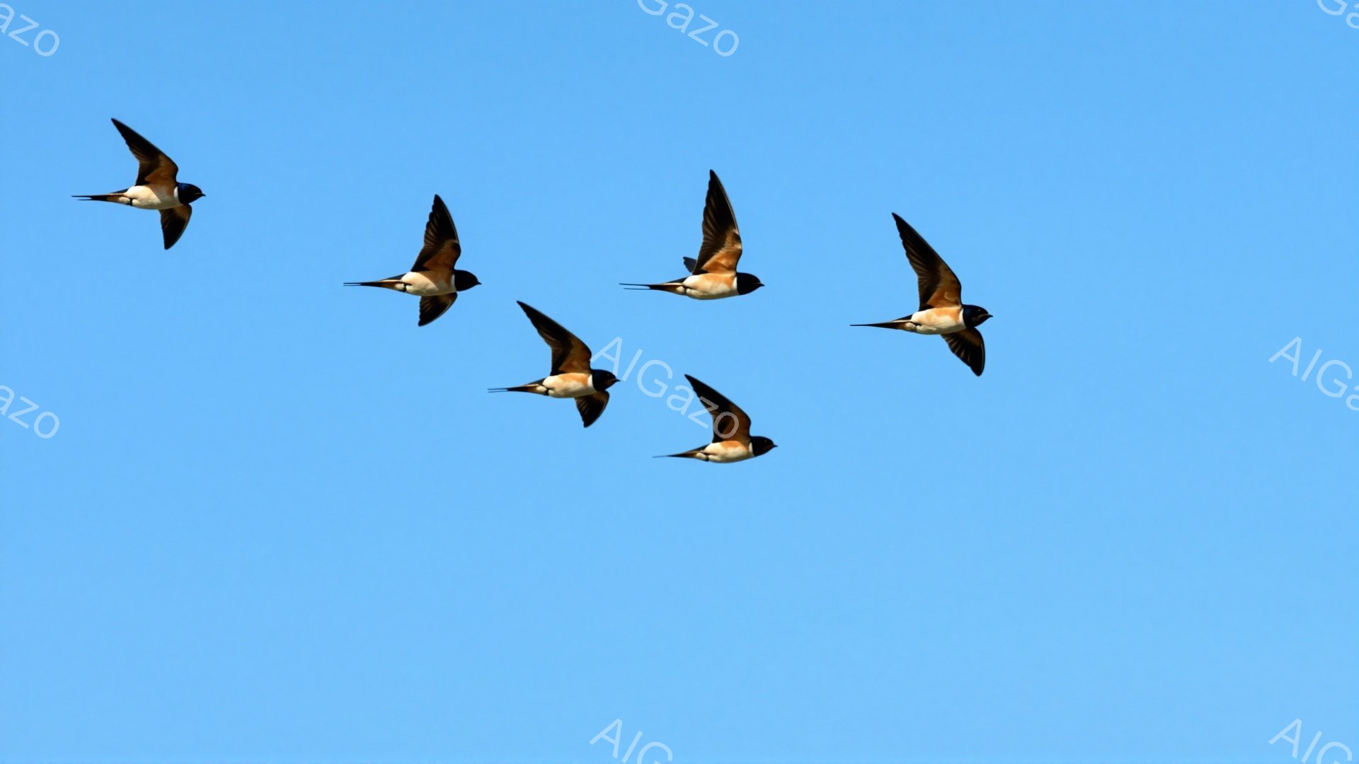 鮮やかな青空を背景に、数羽のツバメが飛んでいる。彼らは翼を広げ、優雅に空を舞い、夏の風物詩を感じさせる。明るく爽やかな雰囲気で、見ていると心が晴れやかになる。 - AI生成フリー素材