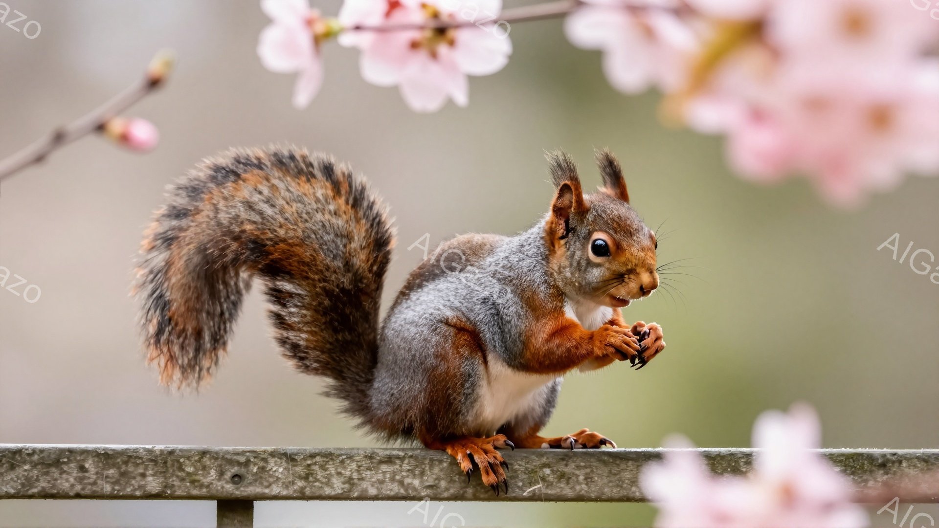 赤い毛並みのリスが、灰色の柵の上で何かを食べている。ふっくらとした尾が特徴的で、背景には淡いピンク色の桜の花びらがぼんやりと見える。春の穏やかな雰囲気を感じさせる写真だ。 - AI生成フリー素材