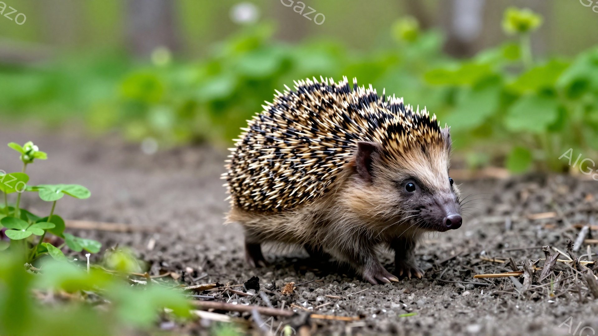緑豊かな背景の中で、可愛らしいハリネズミが地面を歩いています。その姿は丸く、背中のトゲが特徴的で、好奇心旺盛な表情で周囲を見回しています。春の穏やかな雰囲気を感じさせる一枚です。