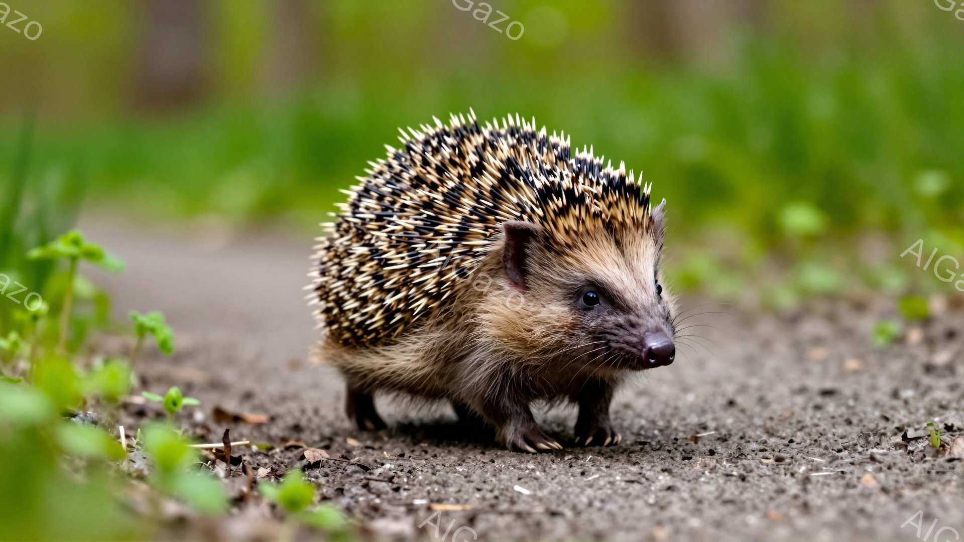 土の上にハリネズミが歩いている。緑の背景とハリネズミの茶色い体とのコントラストが美しい。毛並みが細かく、可愛らしい雰囲気である。