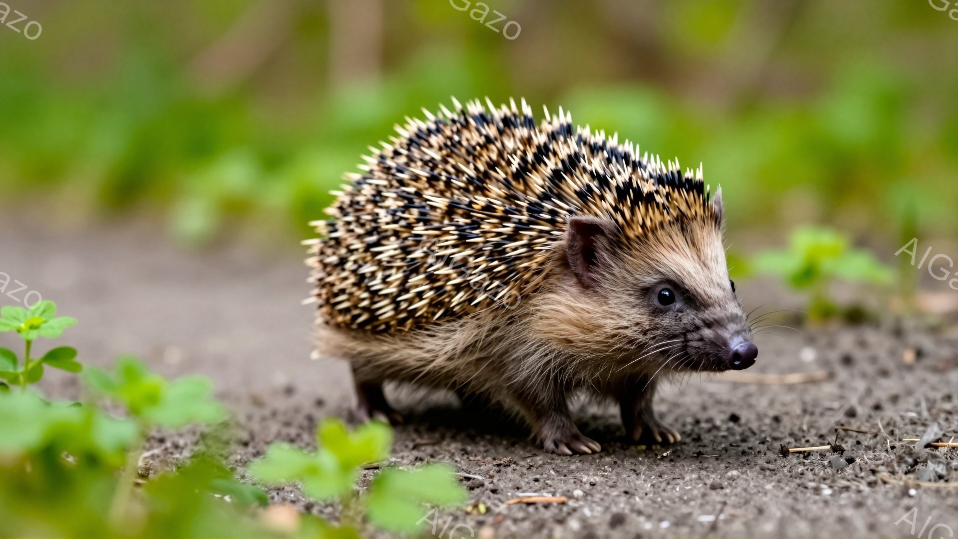 小さなハリネズミが緑の草の上に立っている。茶色い体にはたくさんのトゲがあり、鼻は小さく黒い。背景は地面と草で、暖かく穏やかな雰囲気を感じさせる。