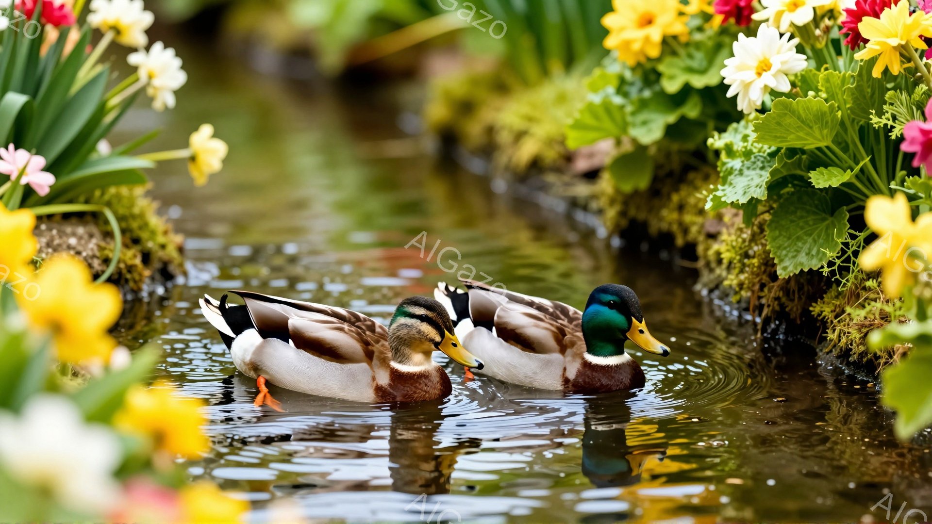 オスのマガモ2羽が水面を静かに泳いでいる。周囲には鮮やかな黄色やピンク色の花々が咲き乱れ、春の穏やかな雰囲気を醸し出している。水面に映る姿も美しく、自然の調和を感じさせる。