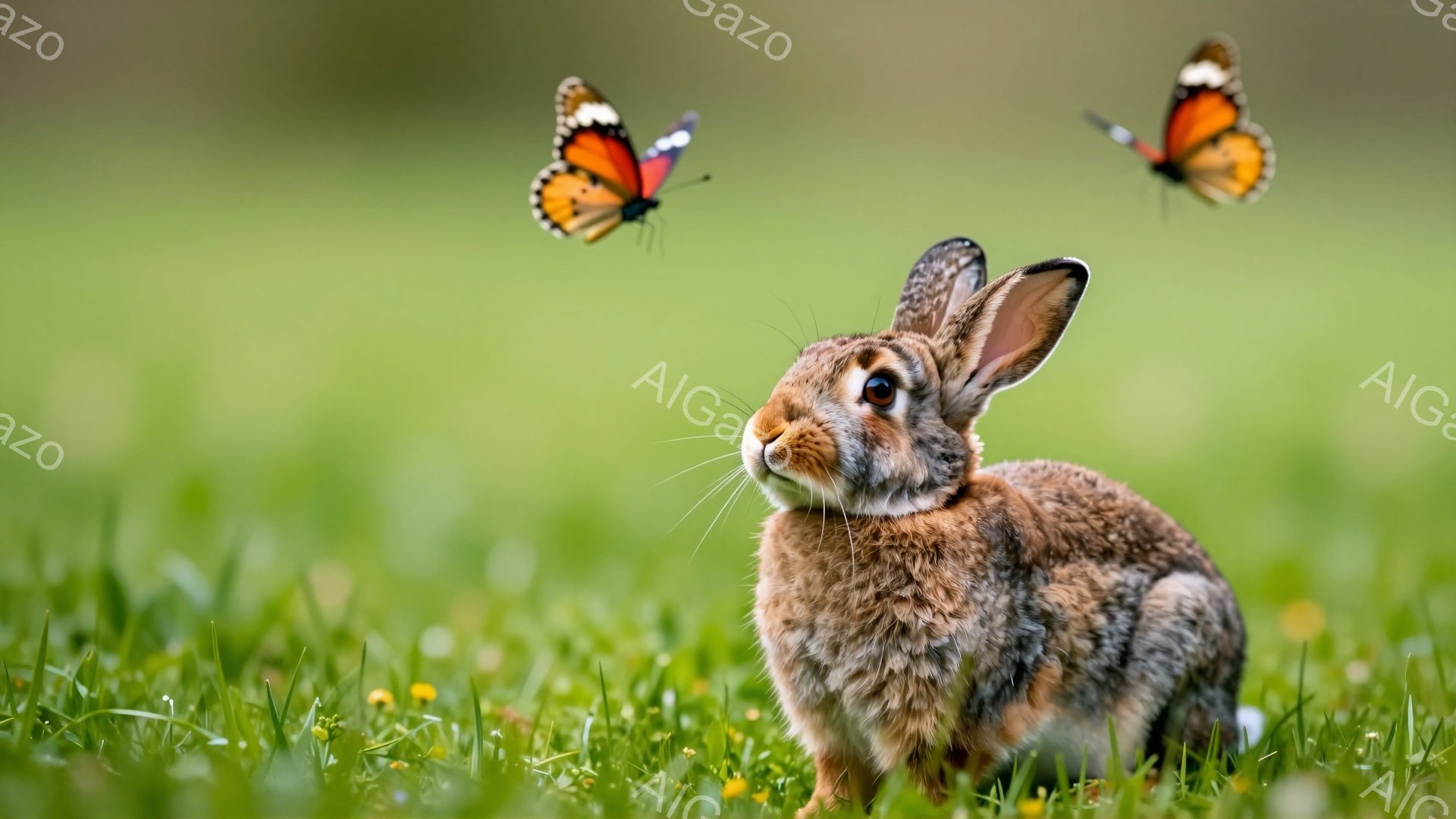 緑の草むらの中にいる茶色のウサギが、2匹のオレンジと黒の蝶に囲まれています。ウサギは少し右を向き、好奇心旺盛な表情で蝶を見つめています。背景は柔らかい緑色で、穏やかで平和な雰囲気が漂っています。 - AI生成フリー素材