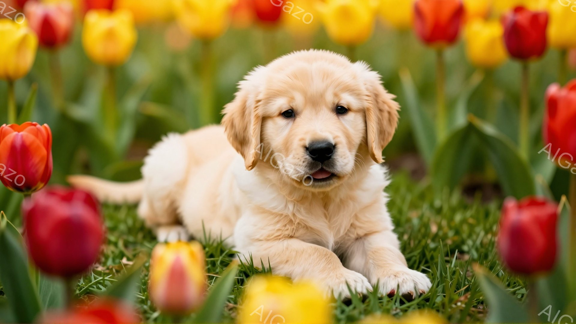 明るい緑の草の上に、金色の毛並みの子犬が横たわっています。周りには色とりどりのチューリップの花が咲き乱れ、春の暖かな雰囲気を演出しています。子犬はリラックスした表情で、愛らしい姿を見せています。