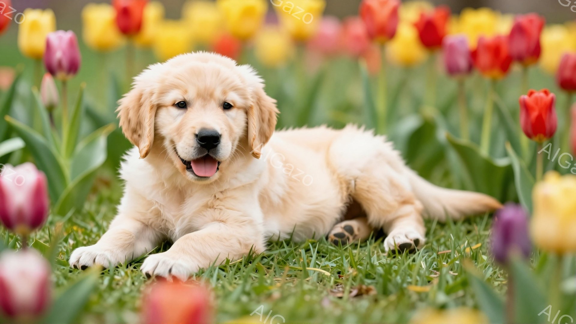明るい緑の芝生の上に、クリーム色のゴールデンレトリバーの子犬が横たわっています。子犬は口を開けて微笑み、リラックスした様子で、周囲のカラフルなチューリップの花々と調和しています。春らしい暖かく穏やかな雰囲気が漂う、可愛らしい光景です。