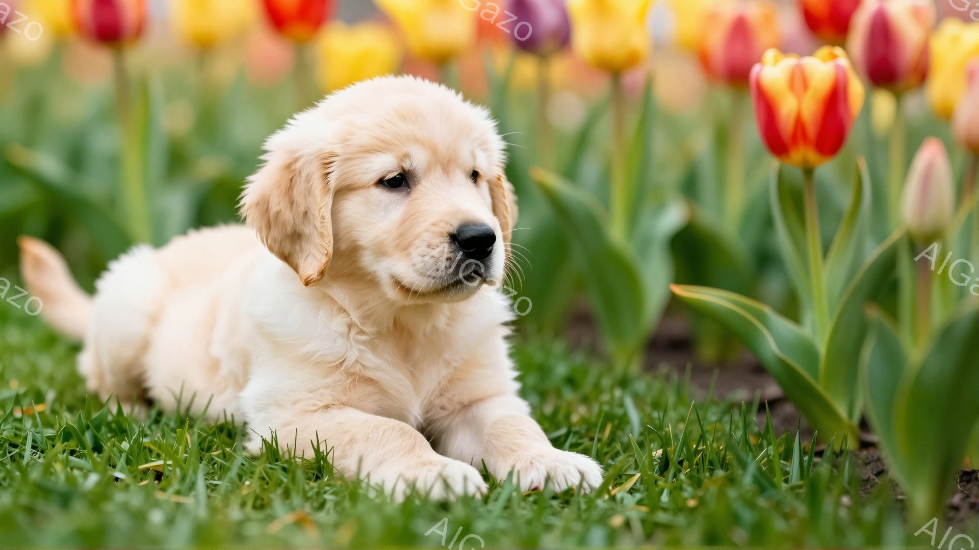 明るい緑の草の上に、小さなゴールデンレトリバーの子犬が横たわっています。子犬はリラックスした様子で、背景には色とりどりのチューリップがぼやけています。春らしい穏やかな雰囲気の、愛らしい光景です。