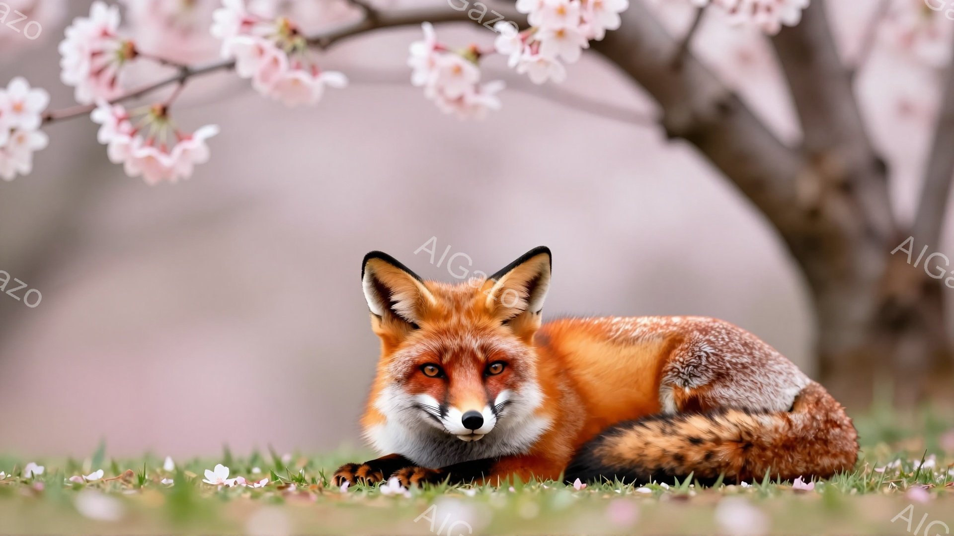 鮮やかなオレンジ色の毛並みを持つキツネが、緑の草の上にうつ伏せで静かに佇んでいます。背景には桜の花が咲き誇り、春の穏やかな雰囲気を演出しています。キツネの鋭い眼差しが印象的で、何かを警戒しているかのよ - AI生成フリー素材