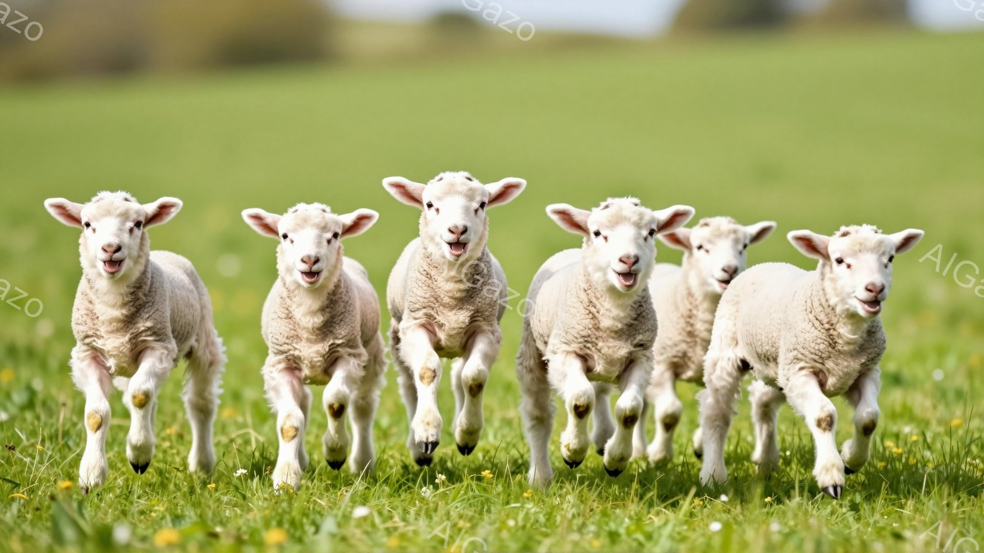 緑の草原を背景に、5匹の可愛い子羊がこちらに向かって駆け寄ってきている。ふわふわの白い毛並みと、つぶらな瞳が特徴的で、元気いっぱいの表情が印象的だ。春の陽気な雰囲気が伝わってくる、幸せな光景である。