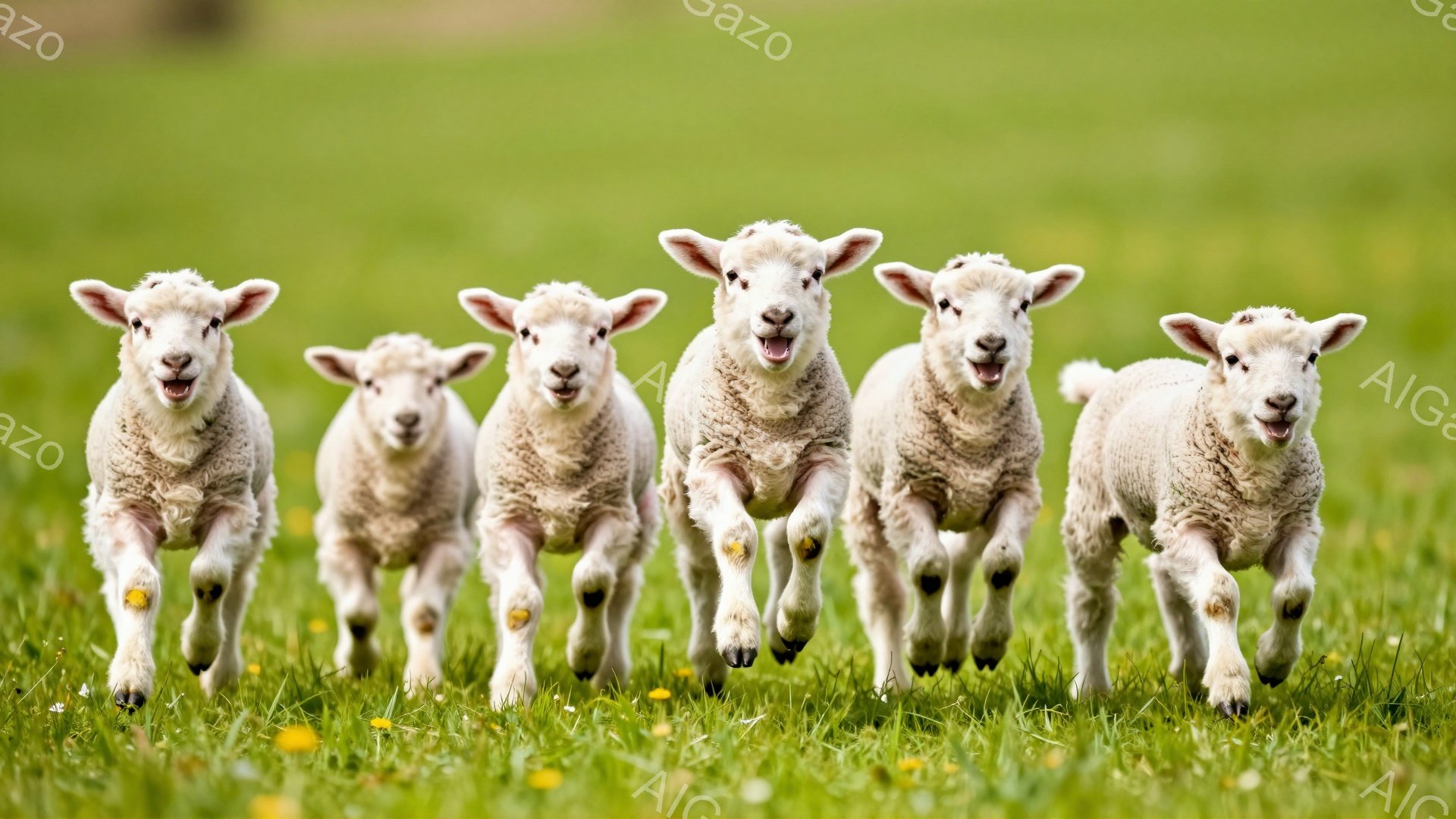 緑豊かな草原を、子羊たちが一列になって楽しそうに駆け抜けています。子羊たちは皆、口を開けて笑っているように見え、その表情は無邪気で可愛らしいです。背景の緑と子羊の白い毛並みのコントラストが鮮やかで、春 - AI生成フリー素材