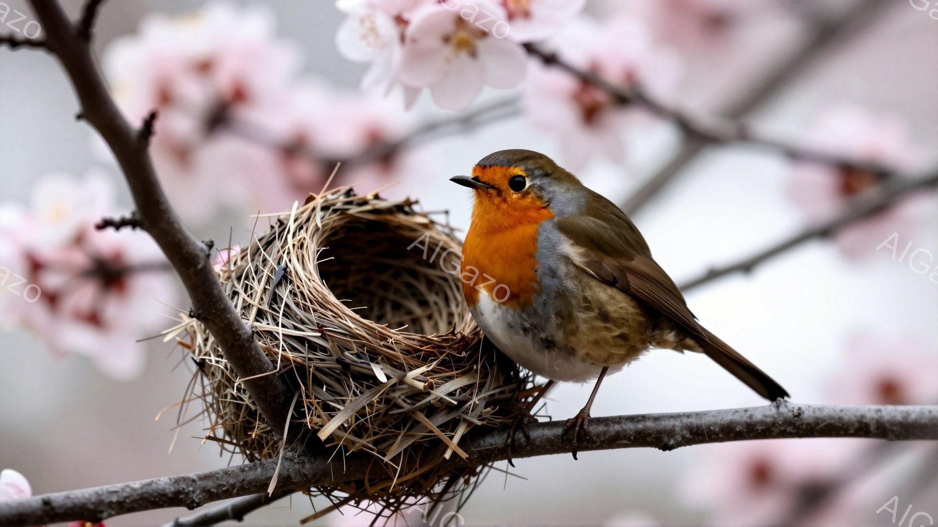 枝にとまった赤胸の鳥が描かれている。背景には淡いピンク色の桜の花が咲き乱れ、春の訪れを感じさせる。鳥は巣の近くで警戒しているように見える。