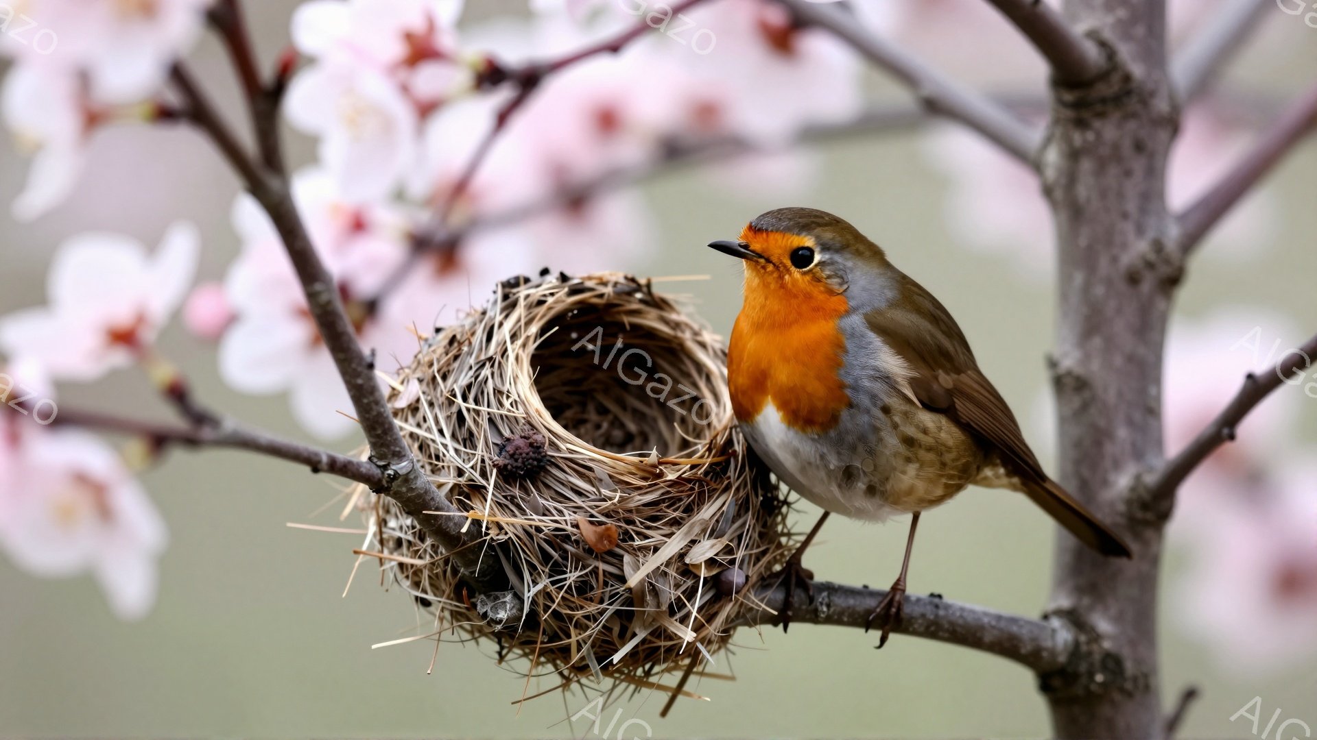 赤い胸を持つ鳥が枝に止まり、巣を見守っています。背景には淡いピンク色の花が咲き乱れ、春の穏やかな雰囲気を演出しています。鳥は警戒しながらも、どこか誇らしげな表情をしています。