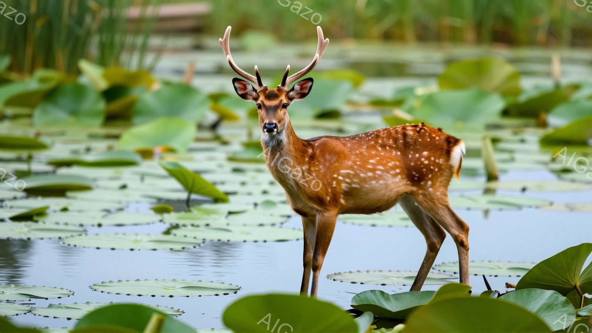 浅い水の中にいる若い雄のシカが、こちらを見つめています。周りには緑の蓮の葉が広がり、静かで穏やかな雰囲気が漂っています。シカの毛並みはまだら模様で、自然の美しさが際立っています。