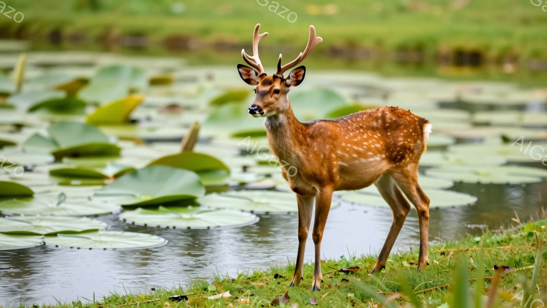 緑豊かな背景に、角を持つ雄のシカが立っている。シカは水辺に立ち、周囲には睡蓮の葉が浮かんでいる。穏やかで自然な雰囲気が感じられる。