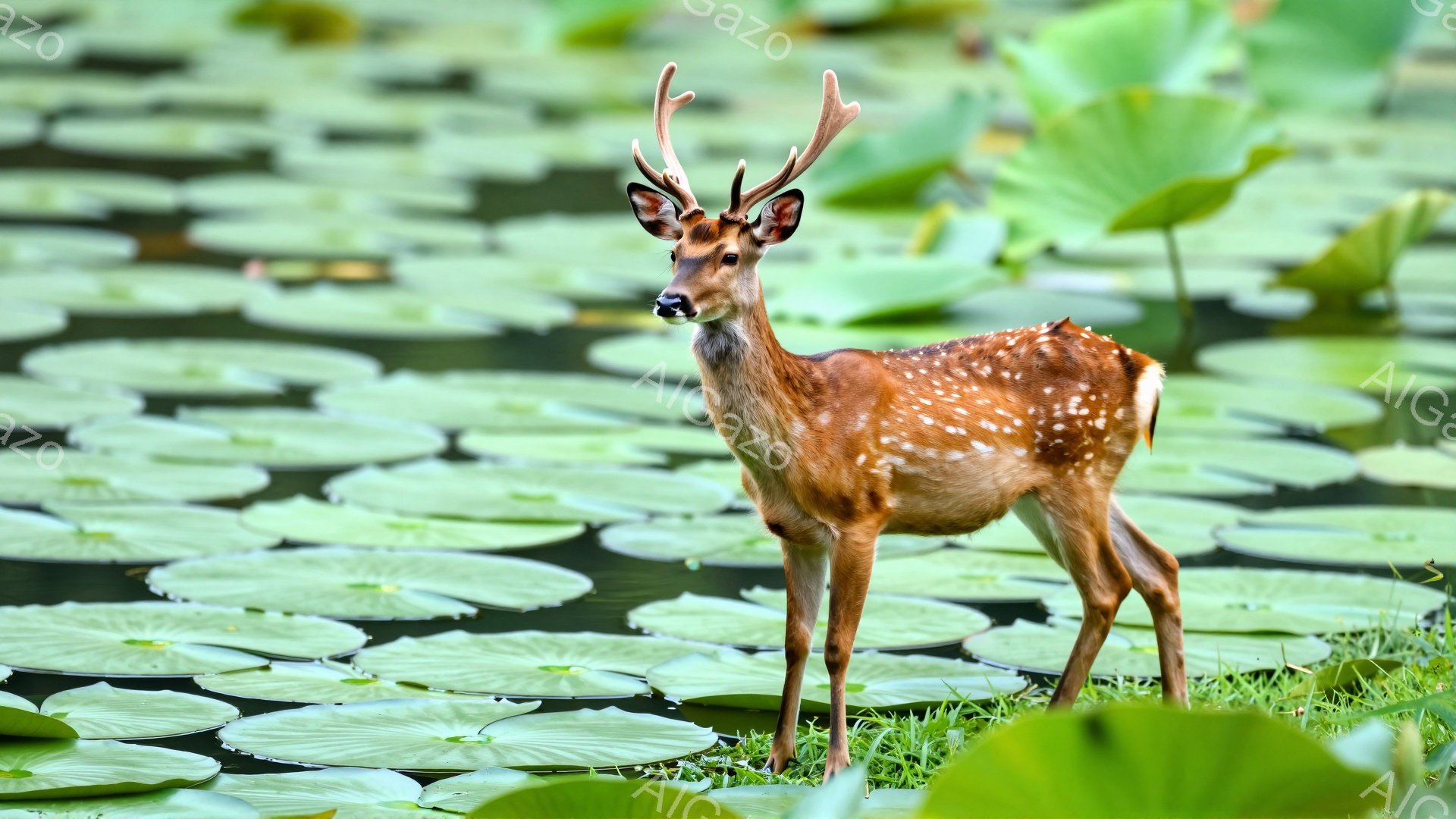 湿地の中にいる若い雄のシカが写っている。周囲には緑色の蓮の葉が広がり、水面が穏やかに反射している。シカは前方をじっと見つめ、静かで自然な雰囲気を醸し出している。