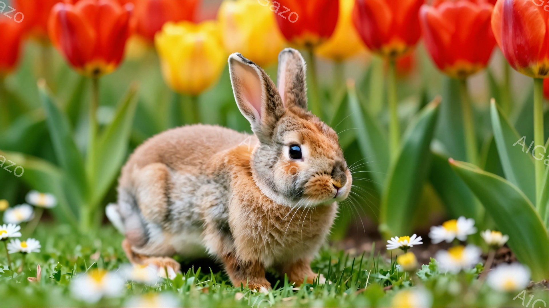 緑の草の上で、かわいらしい茶色のウサギが前を向いて座っています。背景には、赤と黄色のチューリップの花が咲き誇り、春の暖かく穏やかな雰囲気を醸し出しています。ウサギの毛並みは細かく、生き生きとした表情が - AI生成フリー素材